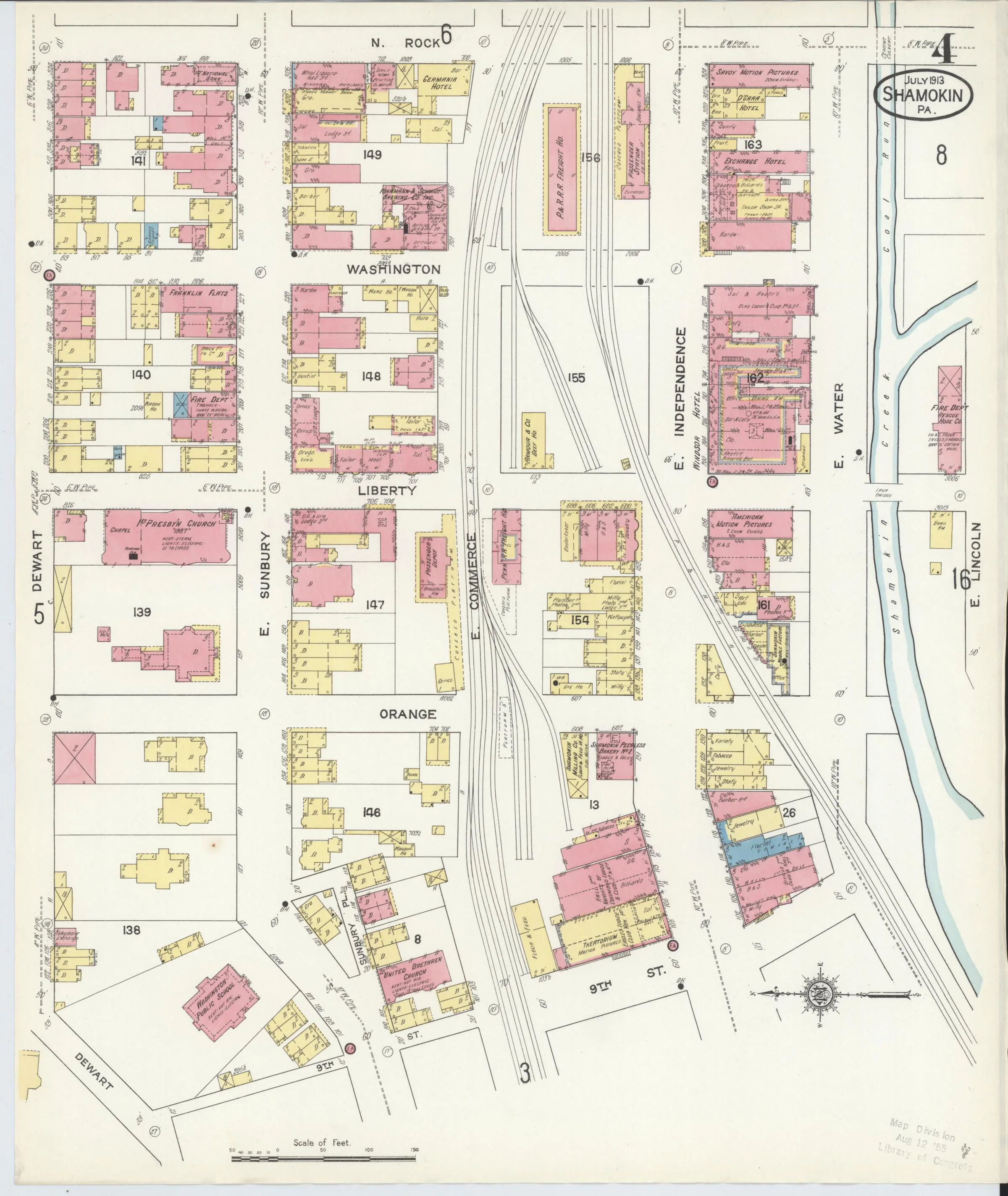 Page 4 of the July 1913 Shamokin Sanborn fire-insurance maps; streets, building footprints, and map symbols.