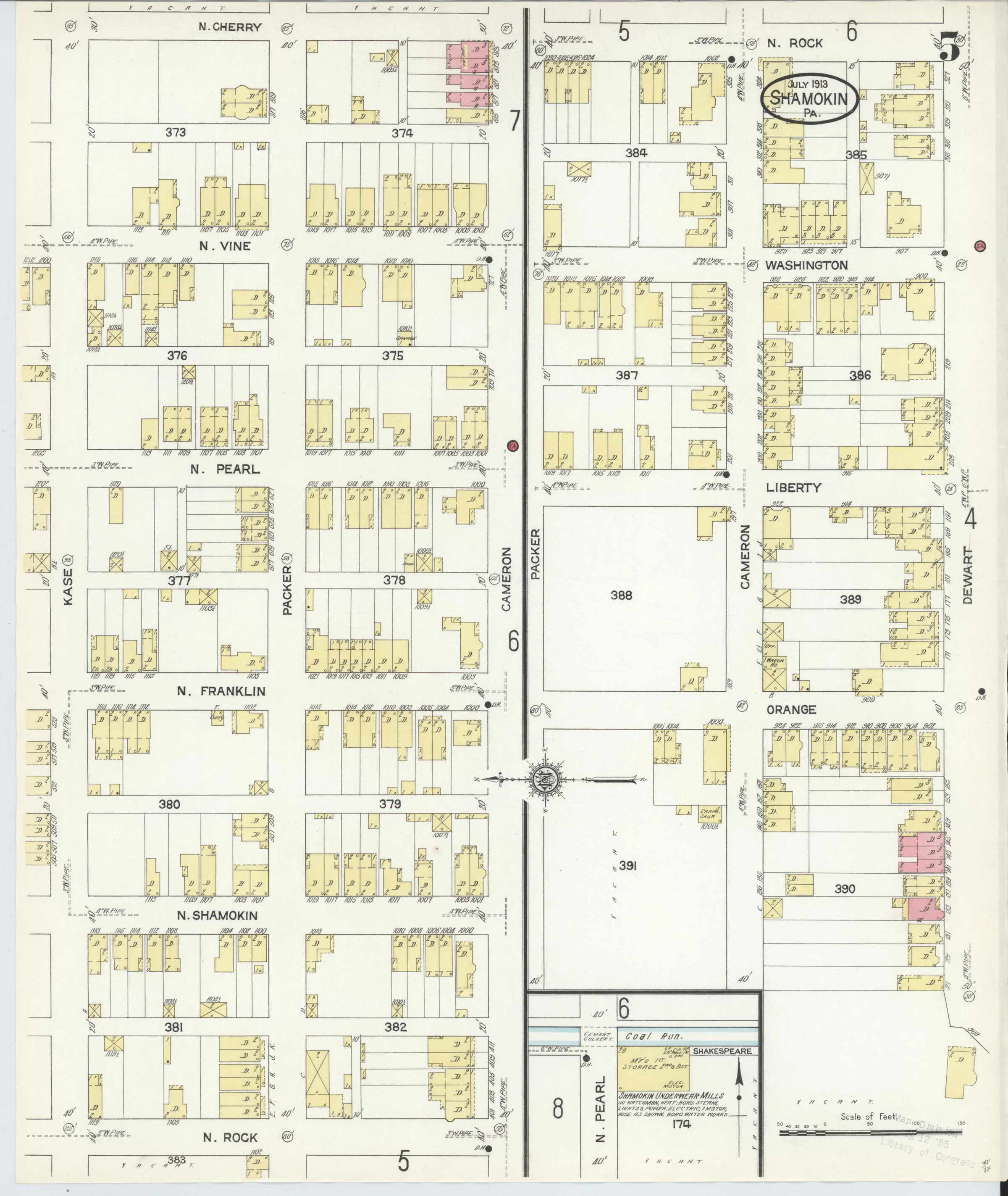 Page 5 of the July 1913 Shamokin Sanborn fire-insurance maps; streets, building footprints, and map symbols.