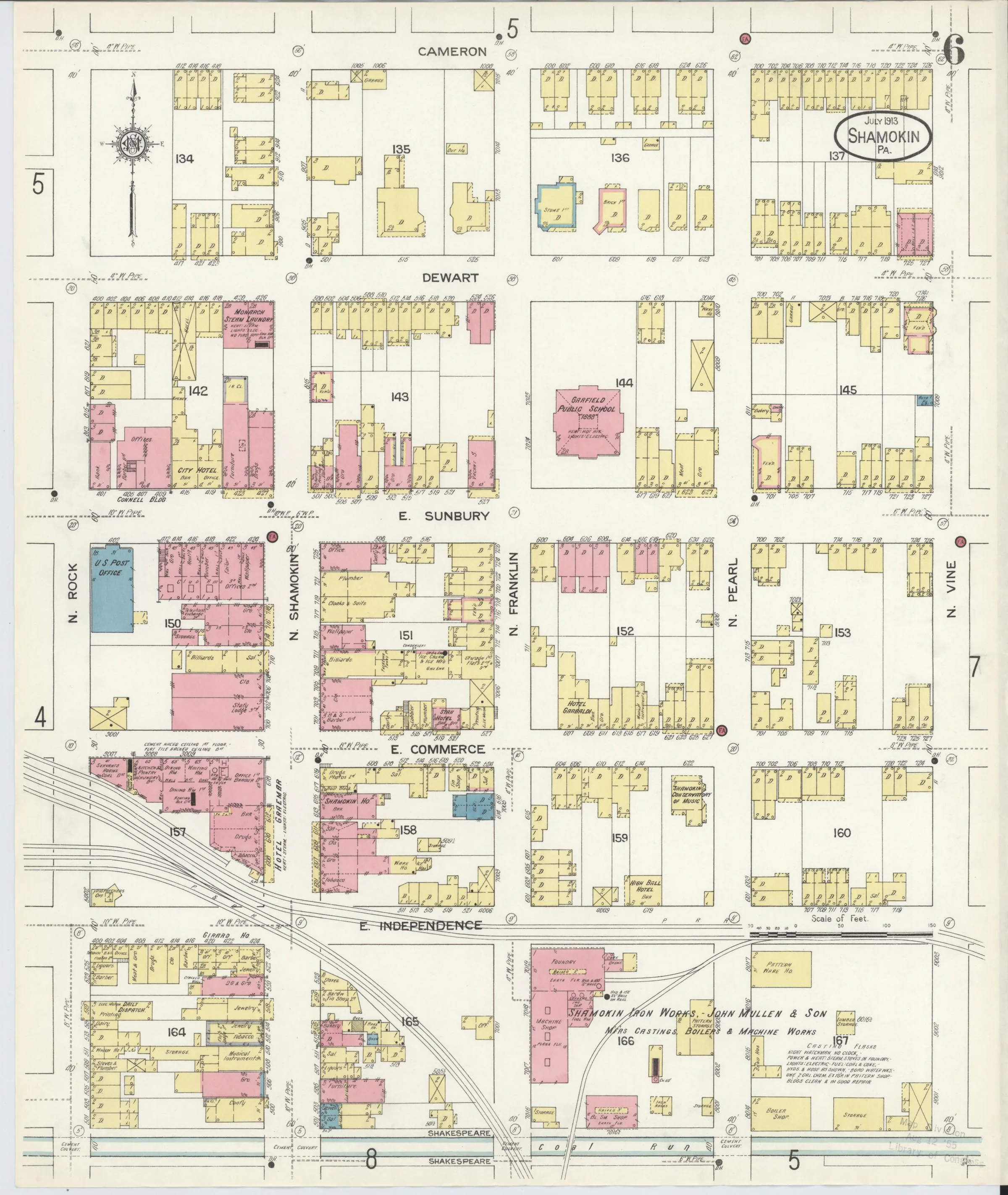 Page 6 of the July 1913 Shamokin Sanborn fire-insurance maps; streets, building footprints, and map symbols.