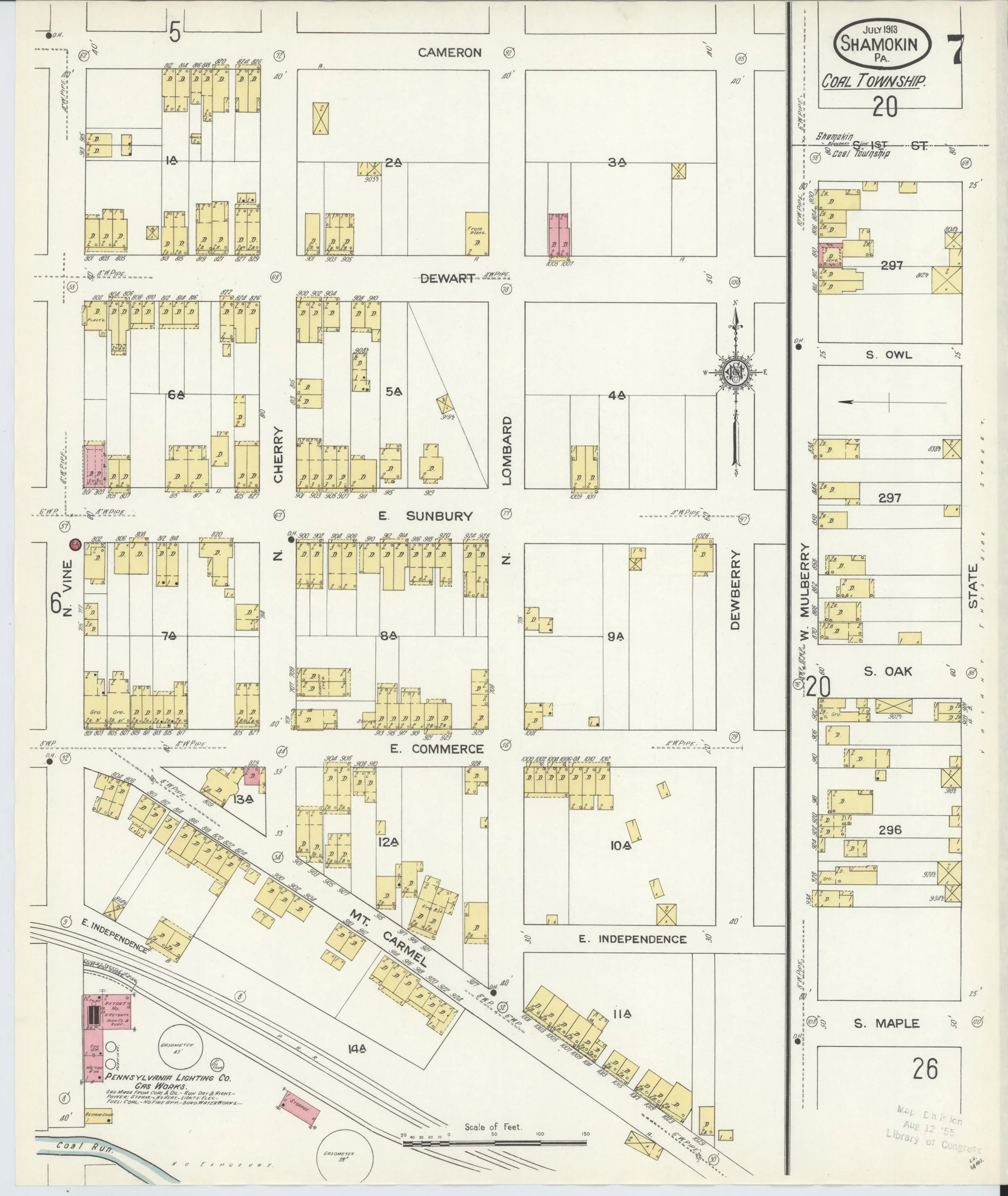 Page 7 of the July 1913 Shamokin Sanborn fire-insurance maps; streets, building footprints, and map symbols.