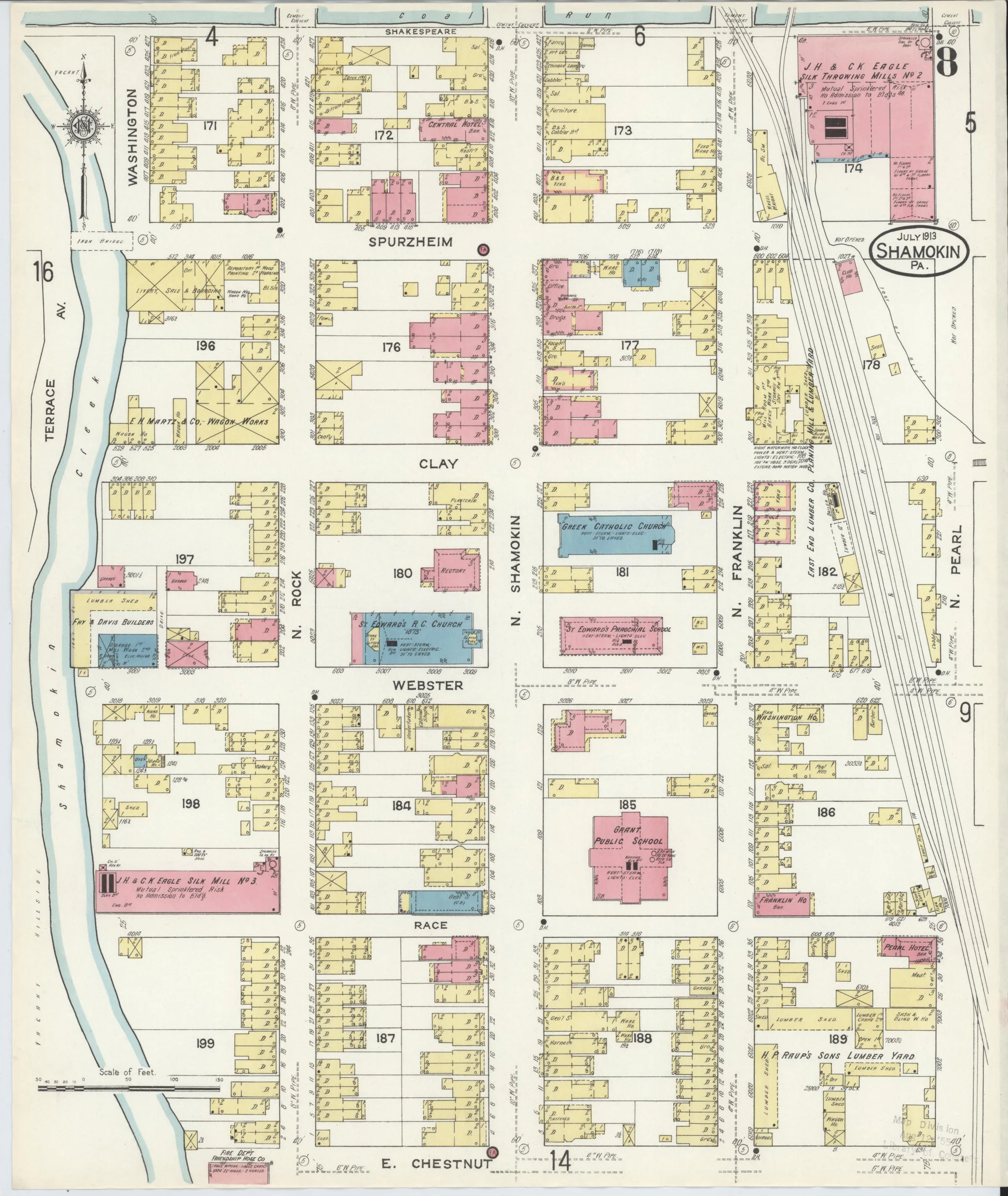 Page 8 of the July 1913 Shamokin Sanborn fire-insurance maps; streets, building footprints, and map symbols.