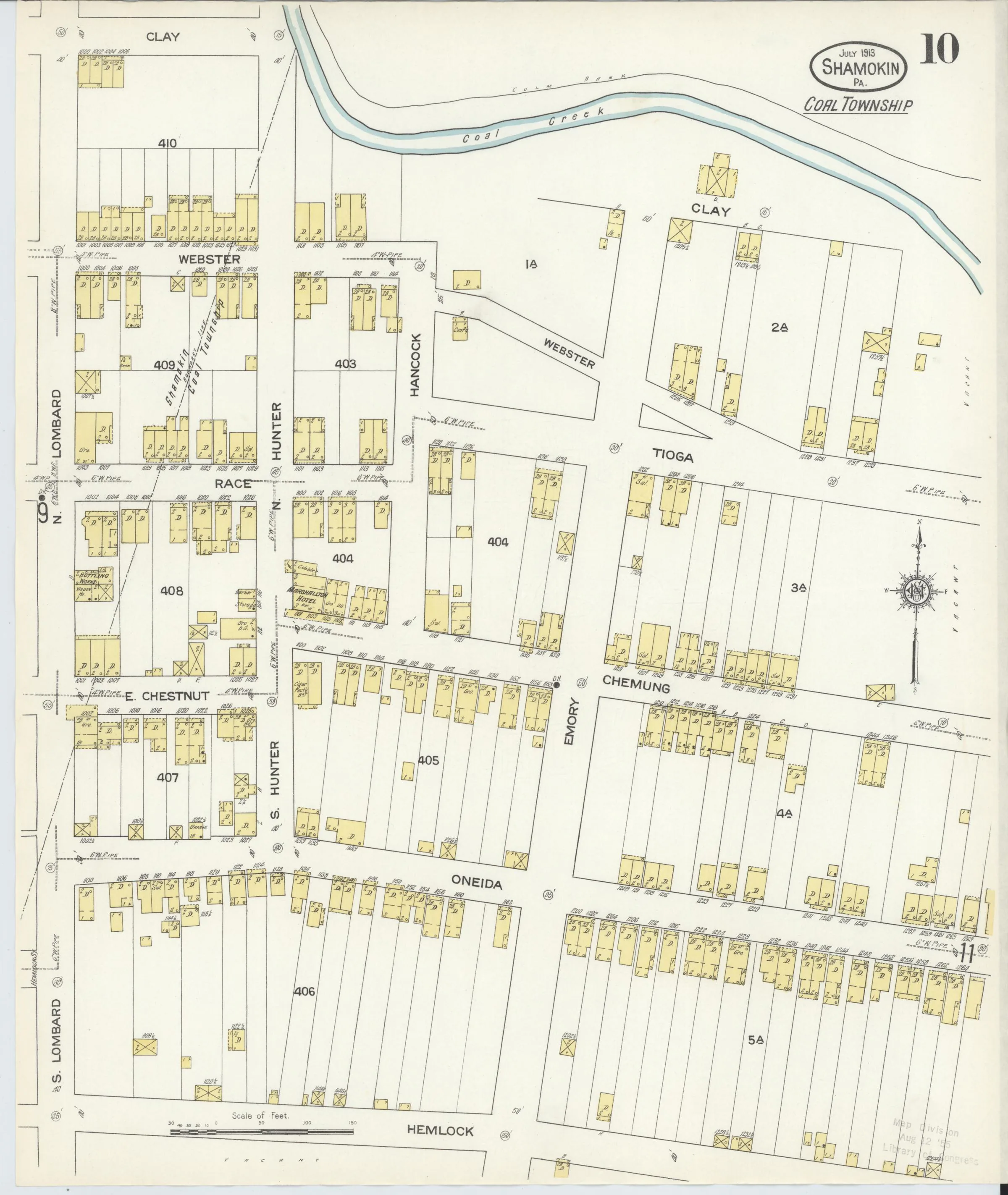 Page 10 of the July 1913 Shamokin Sanborn fire-insurance maps; streets, building footprints, and map symbols.