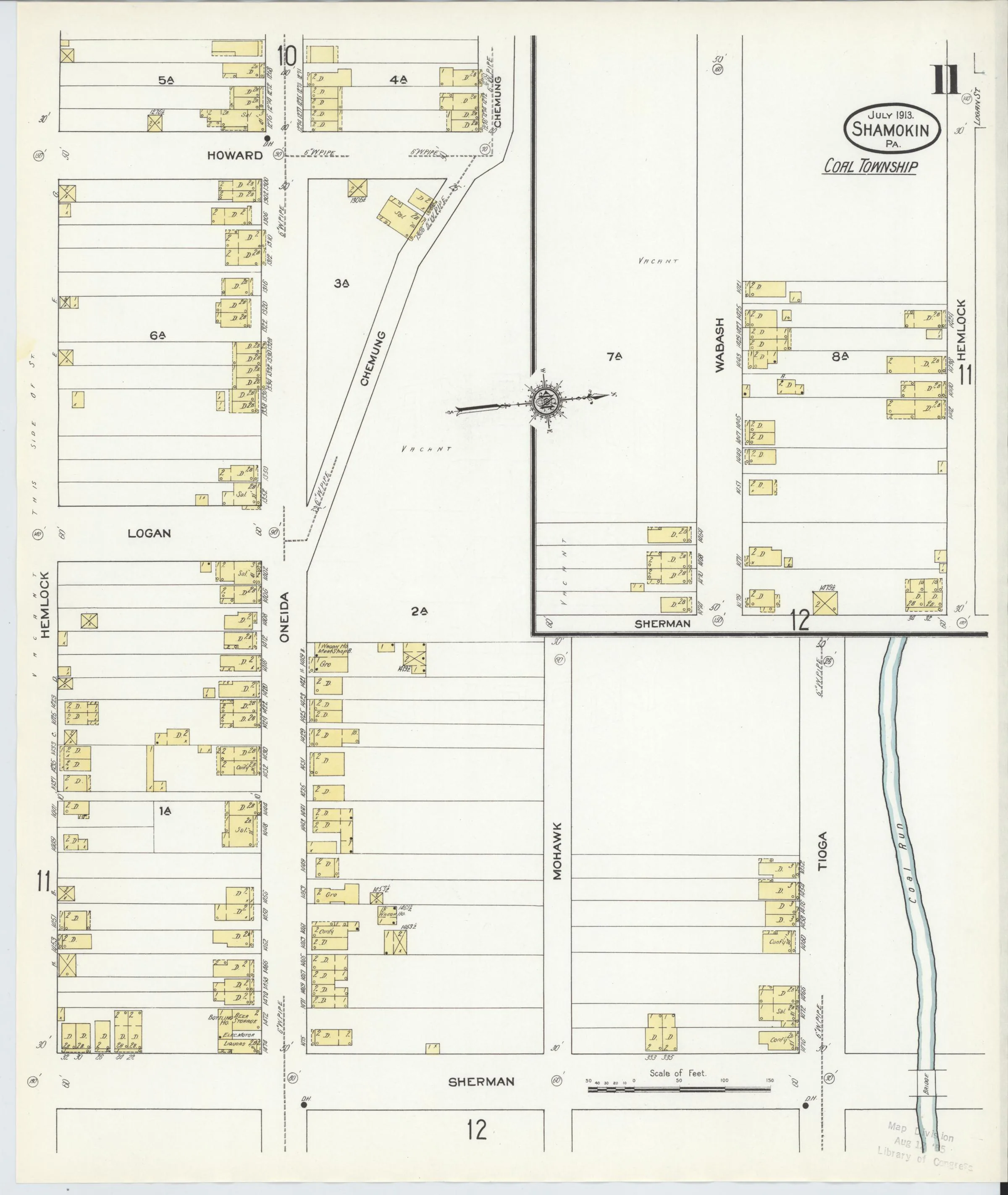 Page 11 of the July 1913 Shamokin Sanborn fire-insurance maps; streets, building footprints, and map symbols.