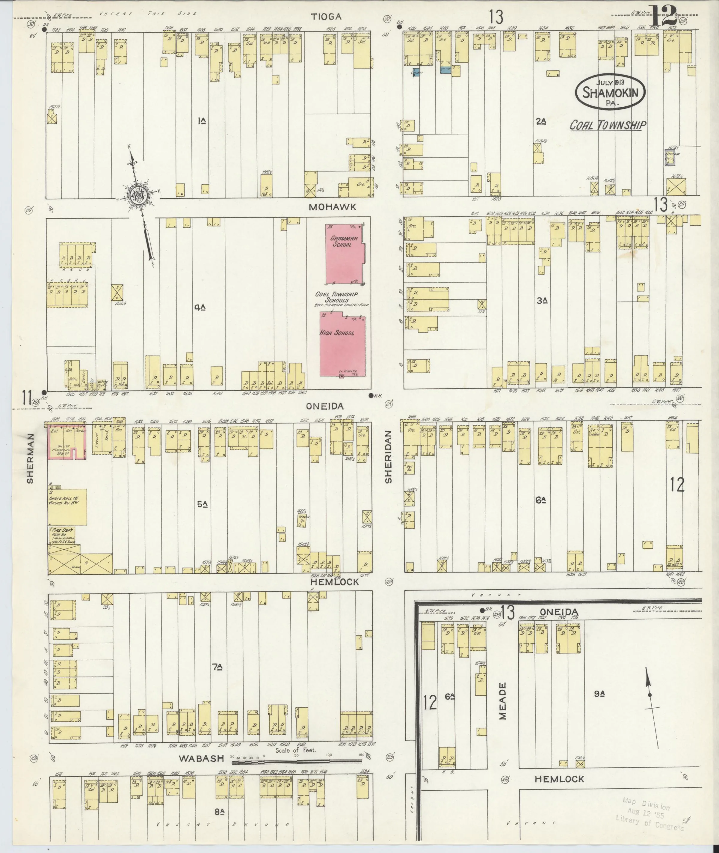 Page 12 of the July 1913 Shamokin Sanborn fire-insurance maps; streets, building footprints, and map symbols.