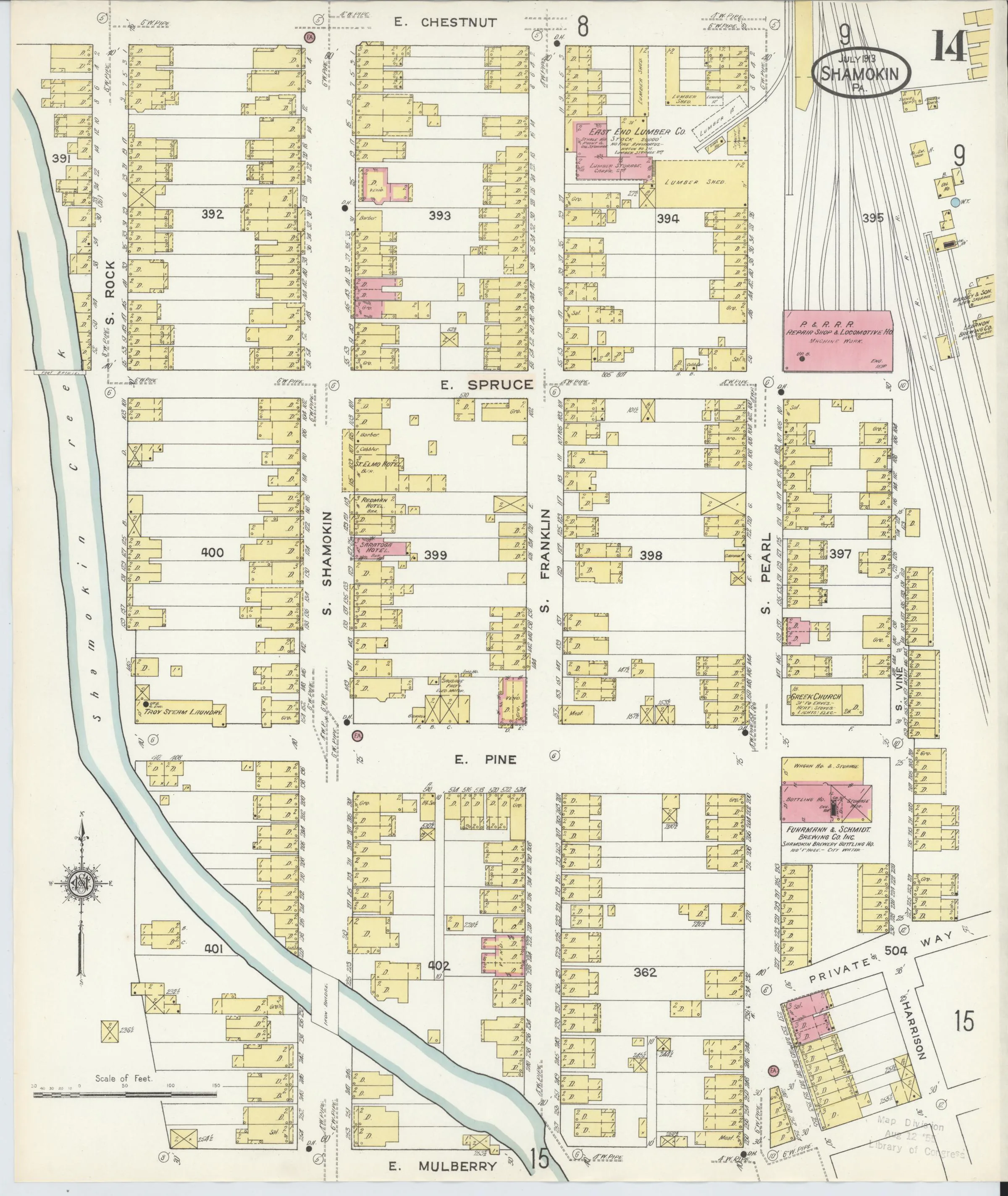 Page 14 of the July 1913 Shamokin Sanborn fire-insurance maps; streets, building footprints, and map symbols.