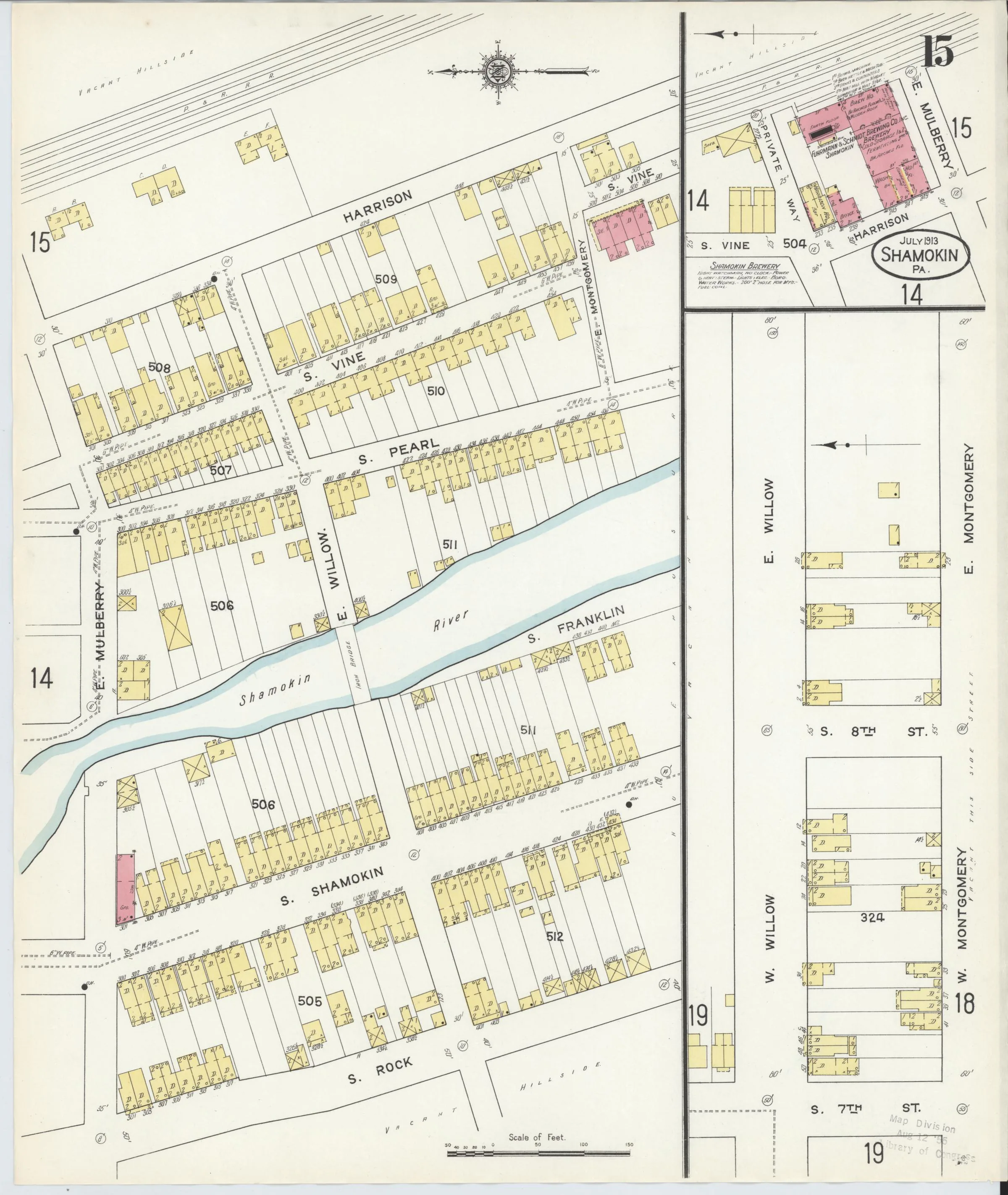 Page 15 of the July 1913 Shamokin Sanborn fire-insurance maps; streets, building footprints, and map symbols.