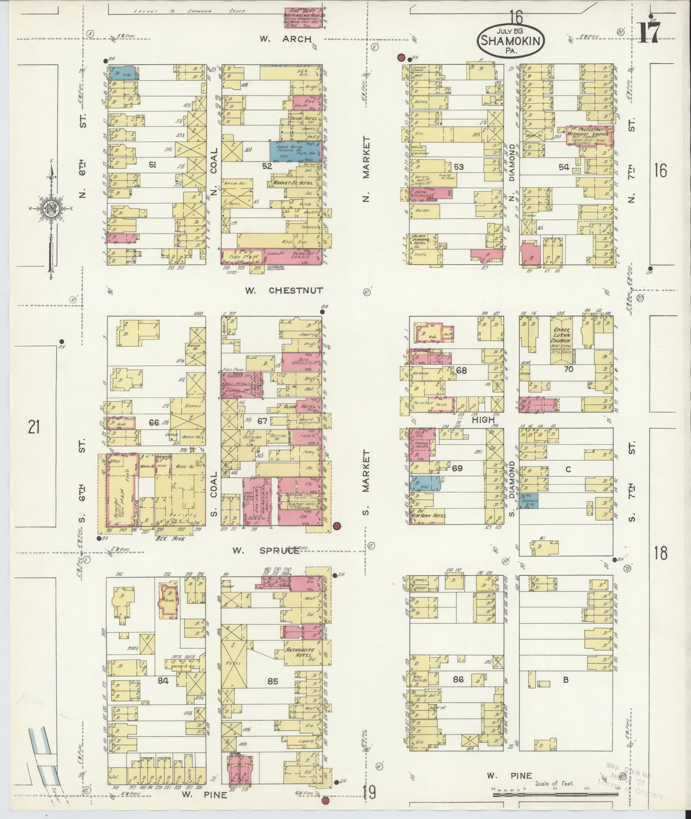 Page 17 of the July 1913 Shamokin Sanborn fire-insurance maps; streets, building footprints, and map symbols.