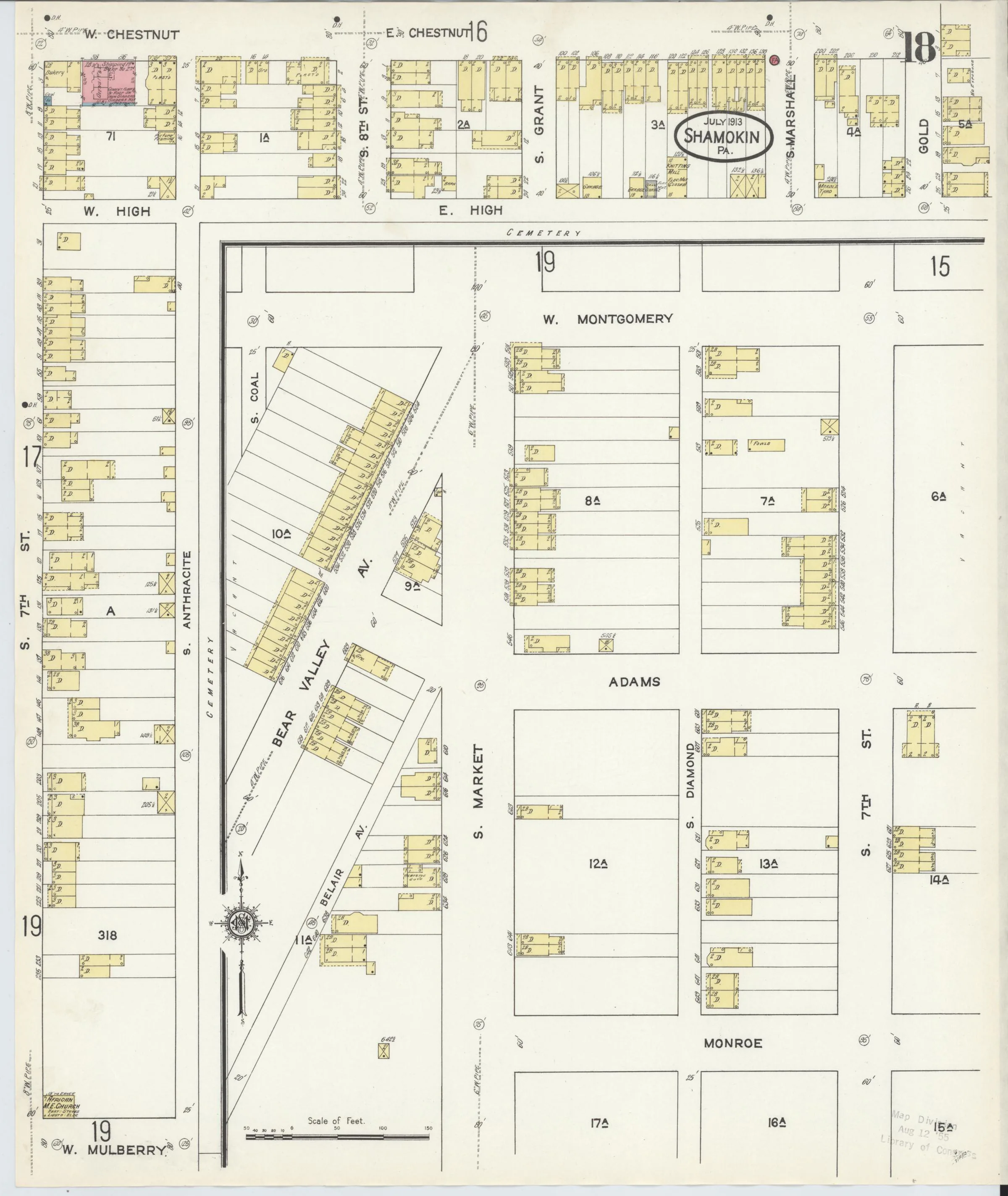 Page 18 of the July 1913 Shamokin Sanborn fire-insurance maps; streets, building footprints, and map symbols.