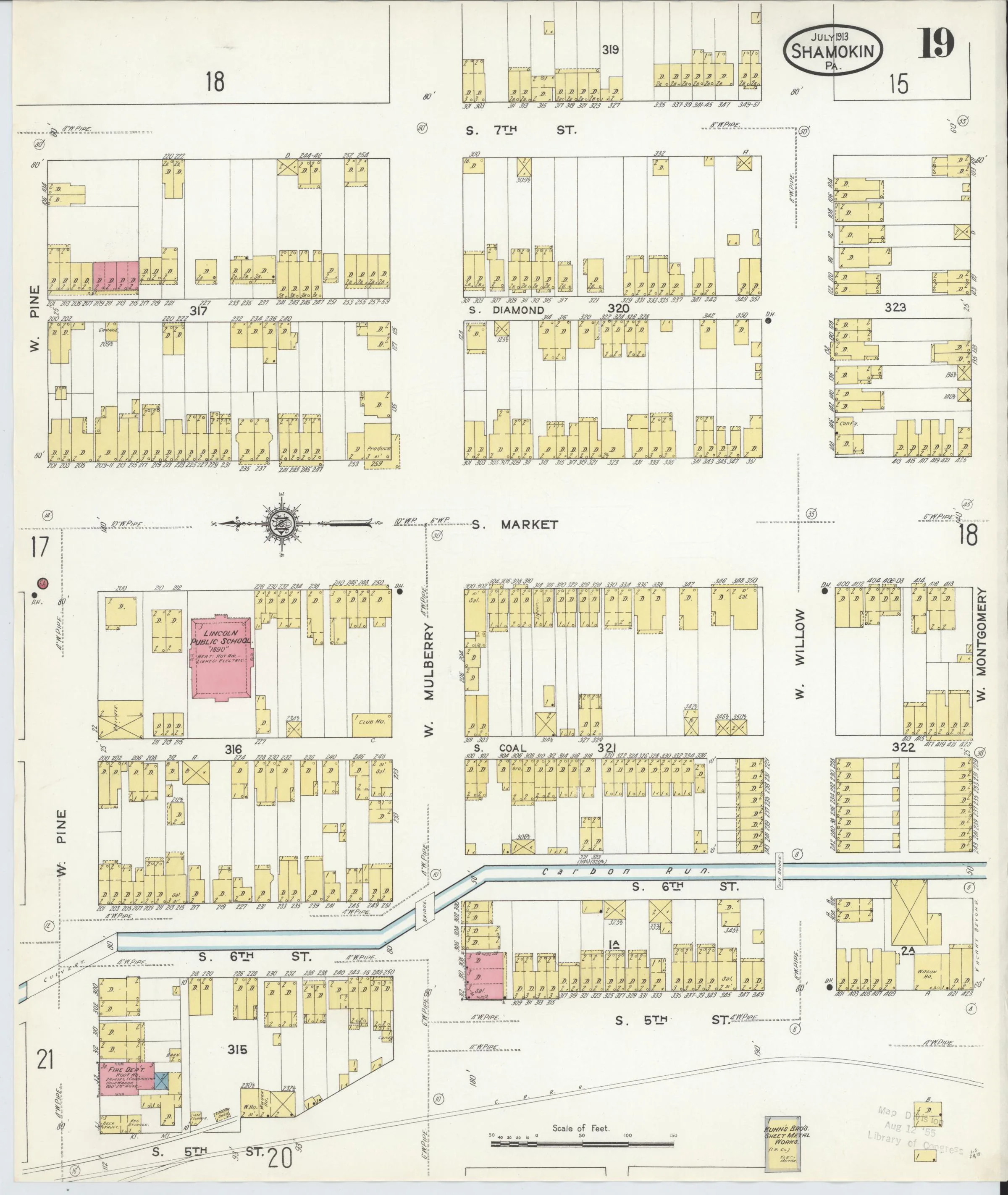 Page 19 of the July 1913 Shamokin Sanborn fire-insurance maps; streets, building footprints, and map symbols.