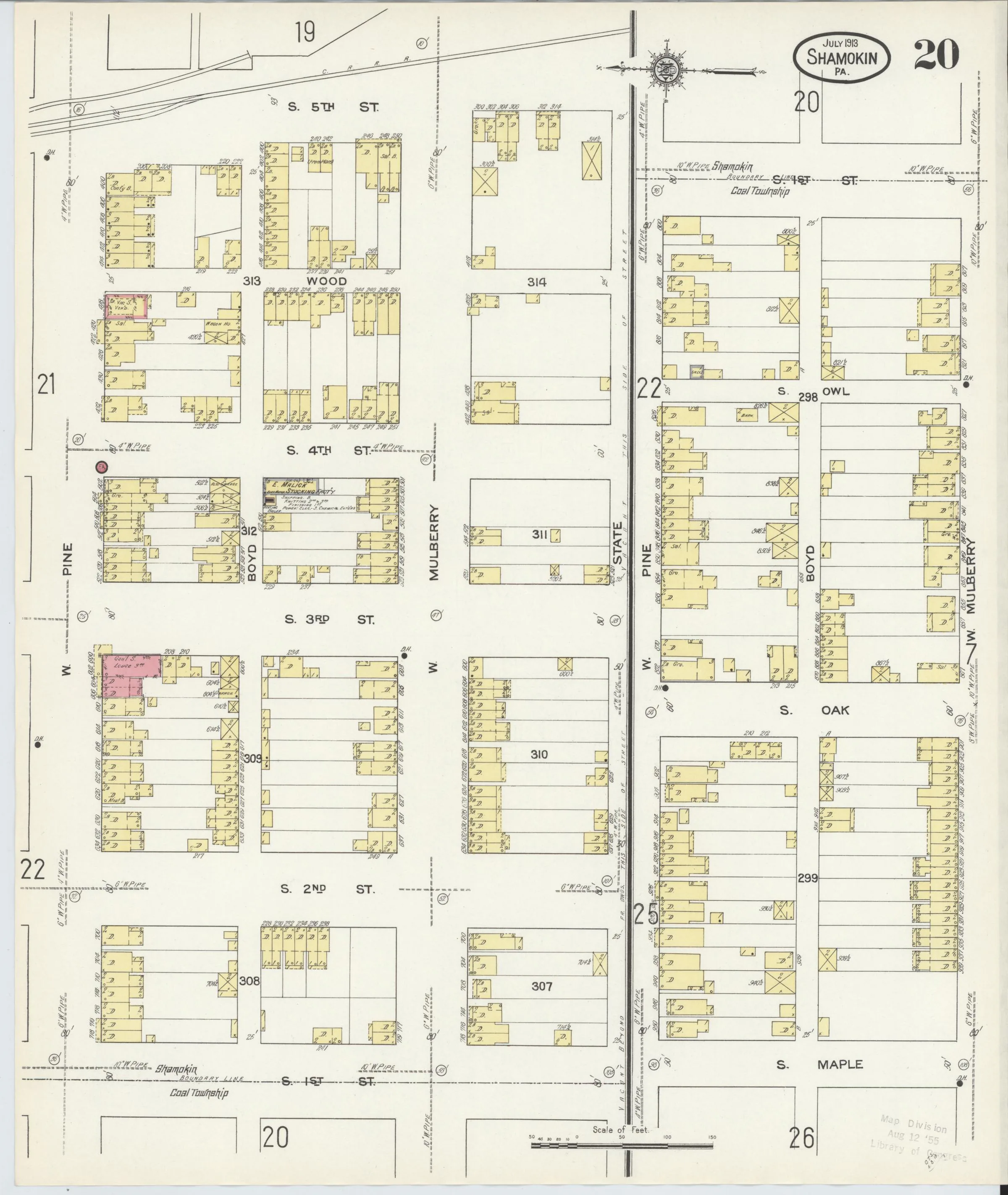 Page 20 of the July 1913 Shamokin Sanborn fire-insurance maps; streets, building footprints, and map symbols.