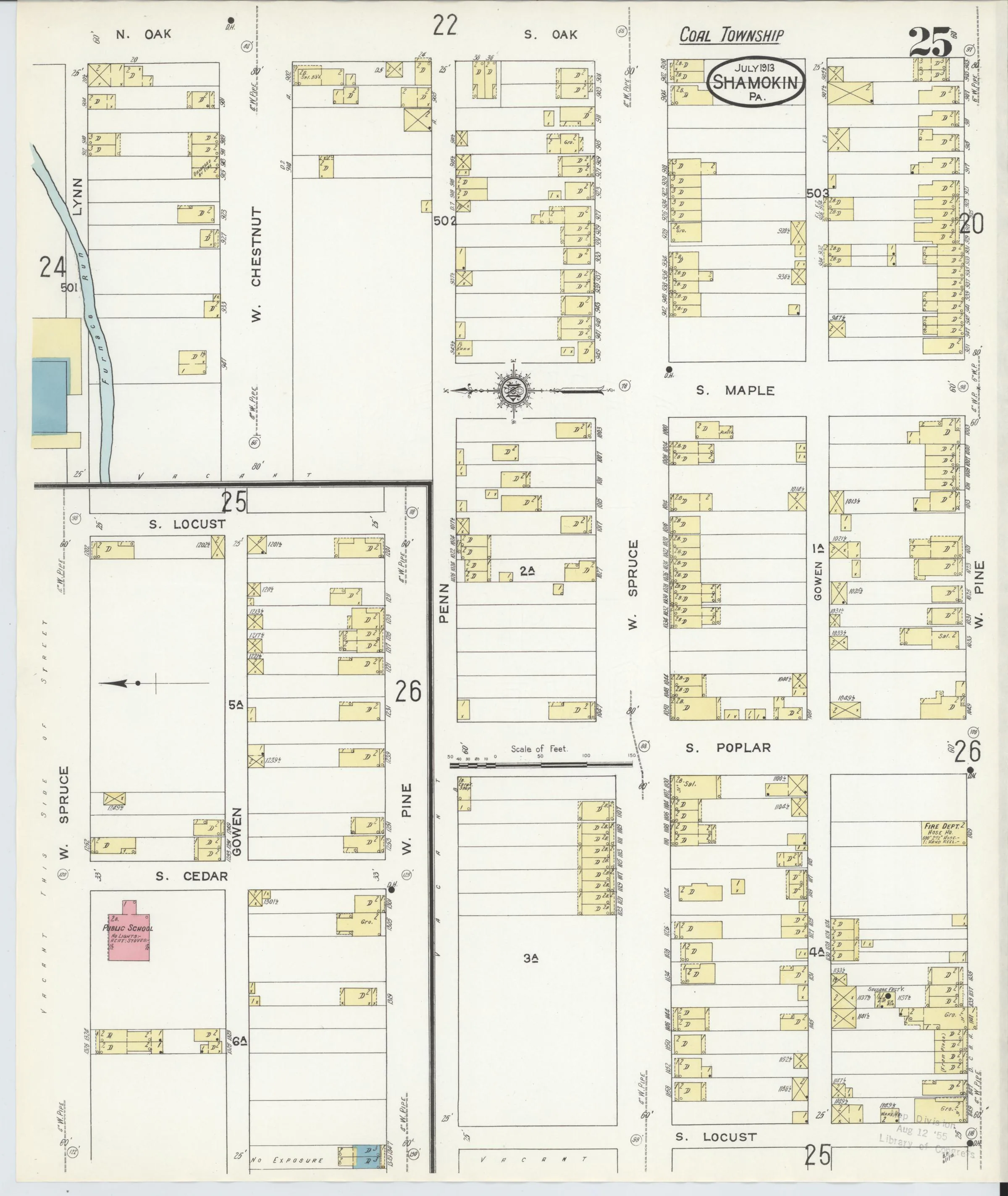 Page 25 of the July 1913 Shamokin Sanborn fire-insurance maps; streets, building footprints, and map symbols.
