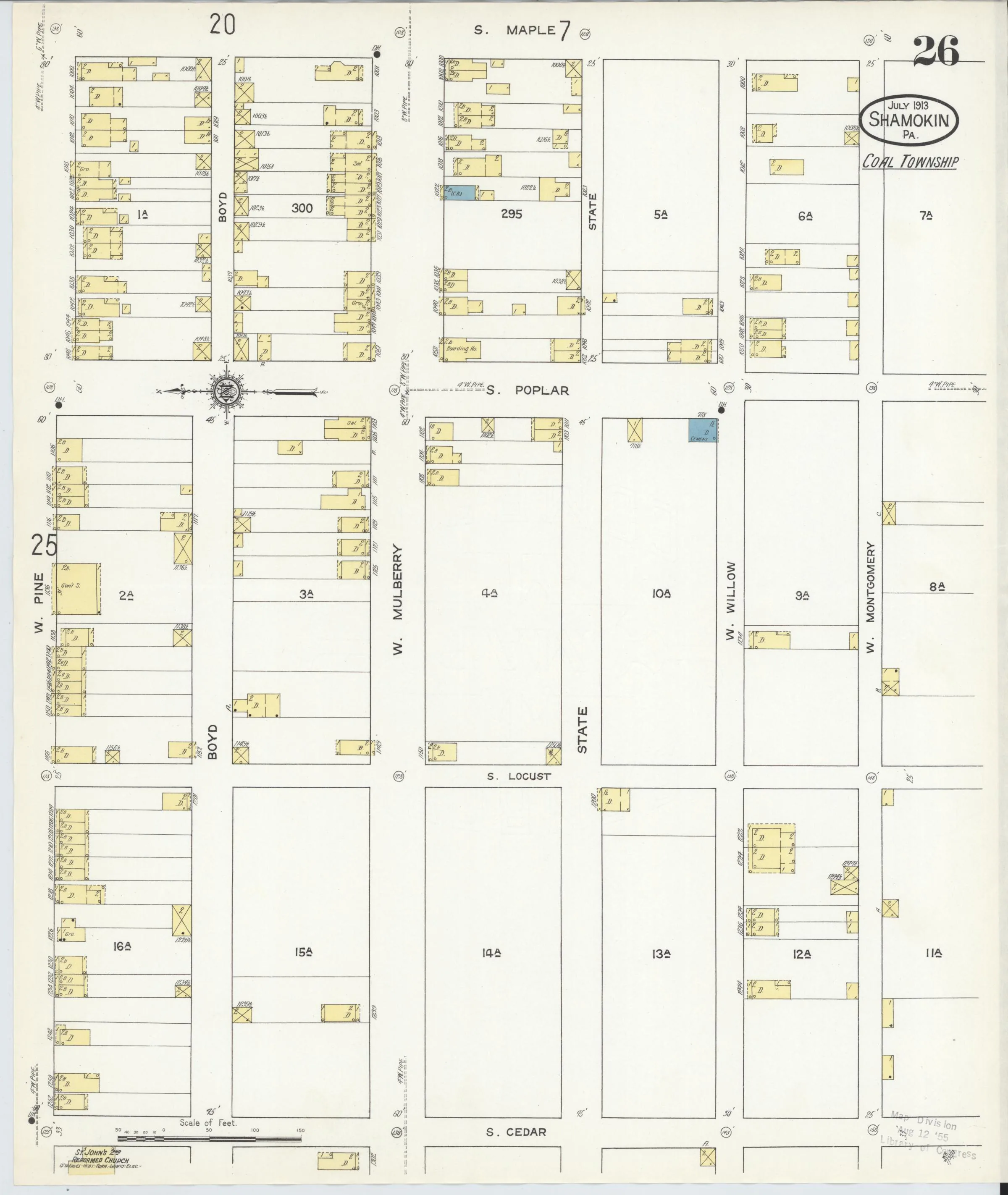 Page 26 of the July 1913 Shamokin Sanborn fire-insurance maps; streets, building footprints, and map symbols.
