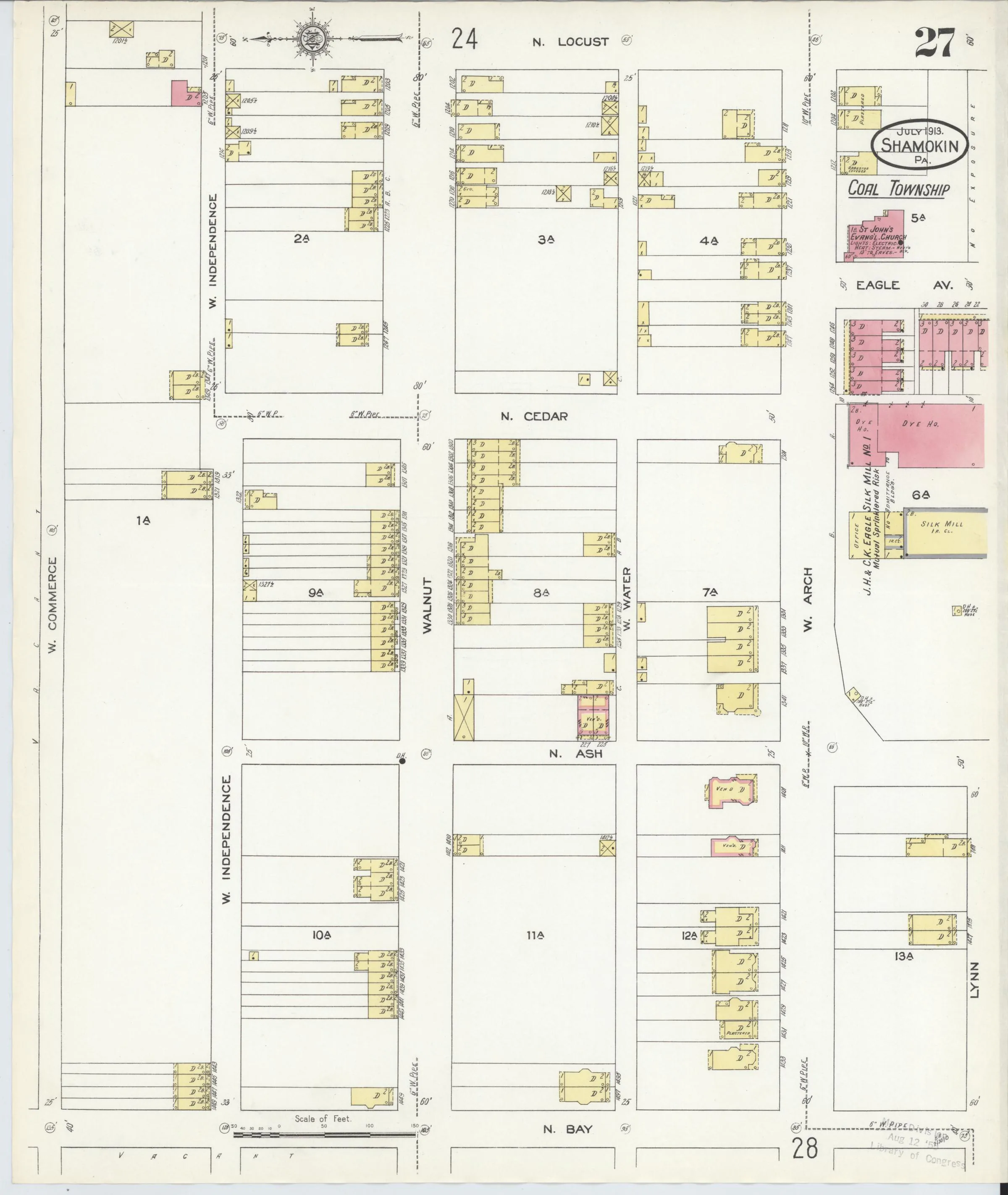 Page 27 of the July 1913 Shamokin Sanborn fire-insurance maps; streets, building footprints, and map symbols.