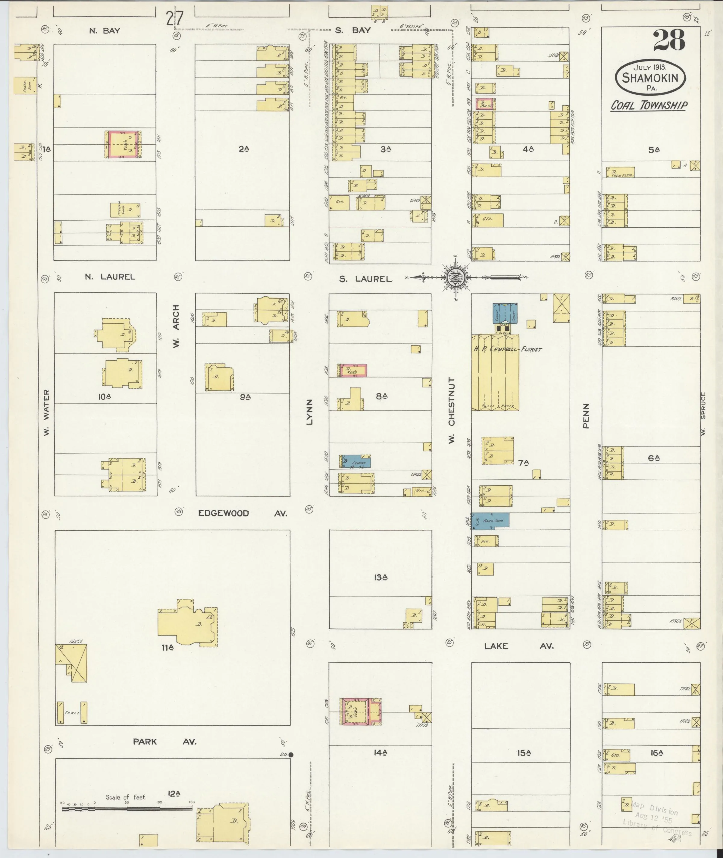 Page 28 of the July 1913 Shamokin Sanborn fire-insurance maps; streets, building footprints, and map symbols.