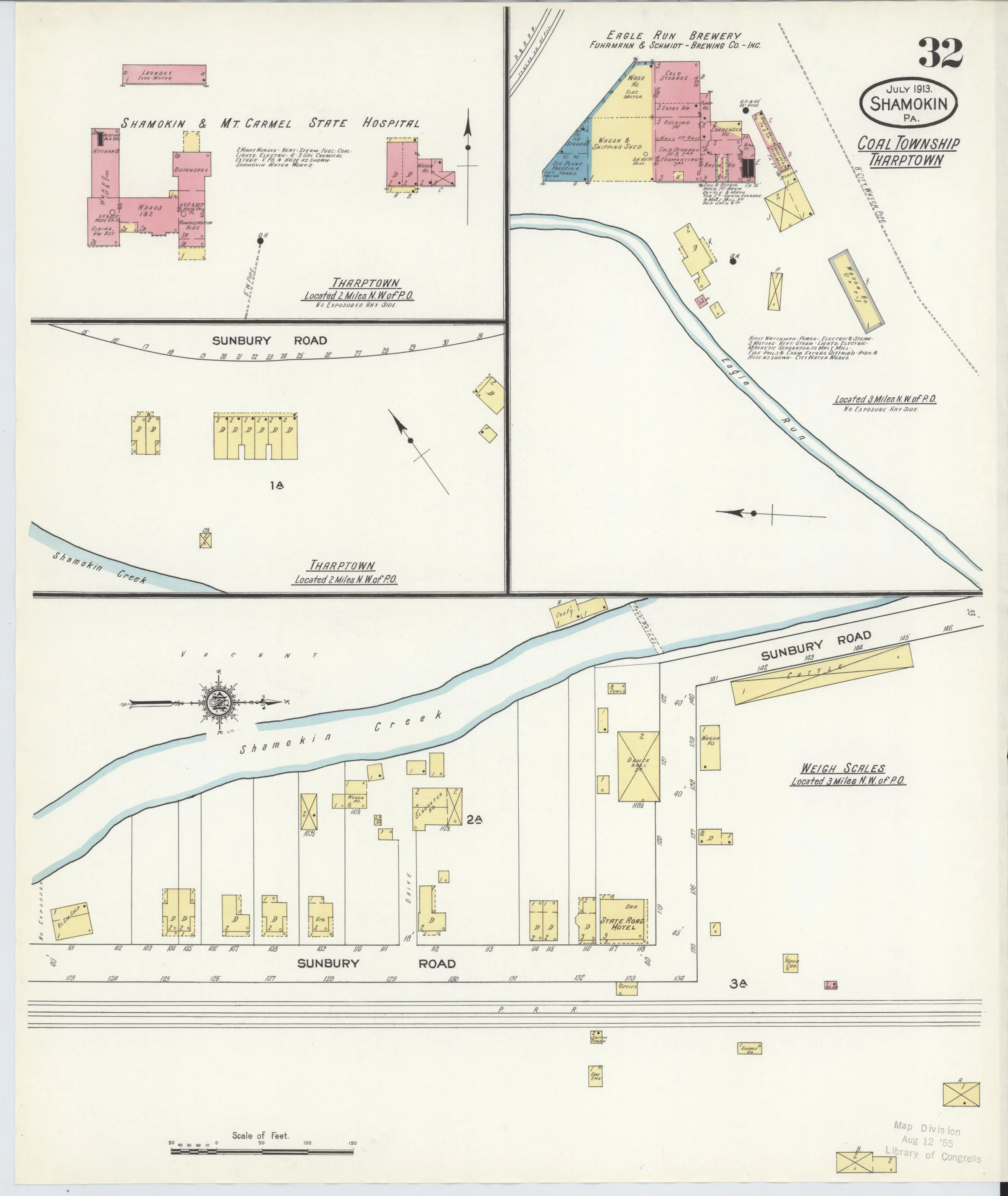 Page 32 of the July 1913 Shamokin Sanborn fire-insurance maps; streets, building footprints, and map symbols.