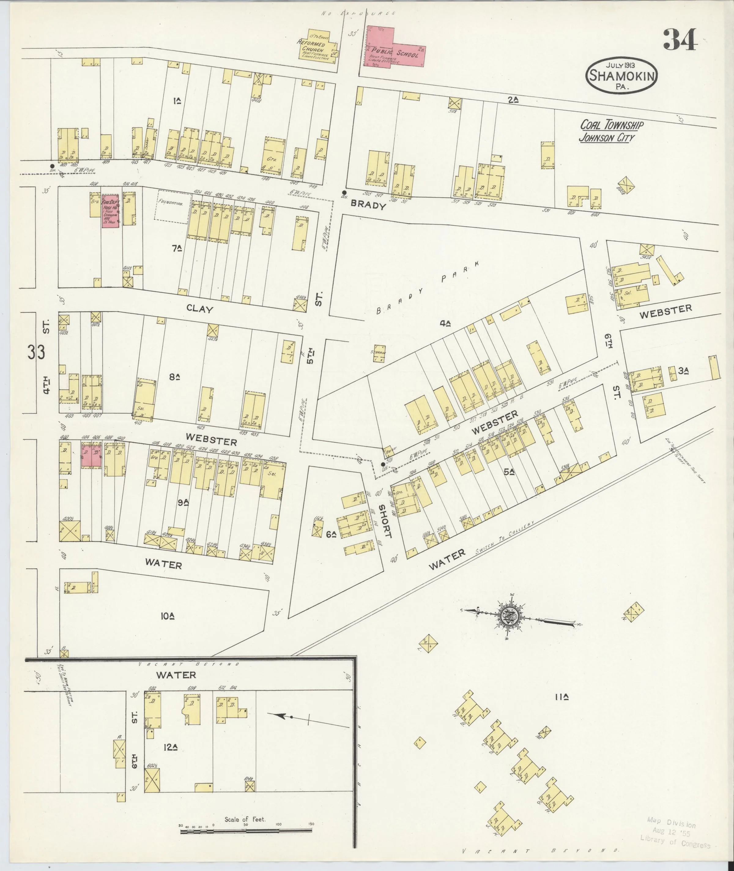 Page 34 of the July 1913 Shamokin Sanborn fire-insurance maps; streets, building footprints, and map symbols.