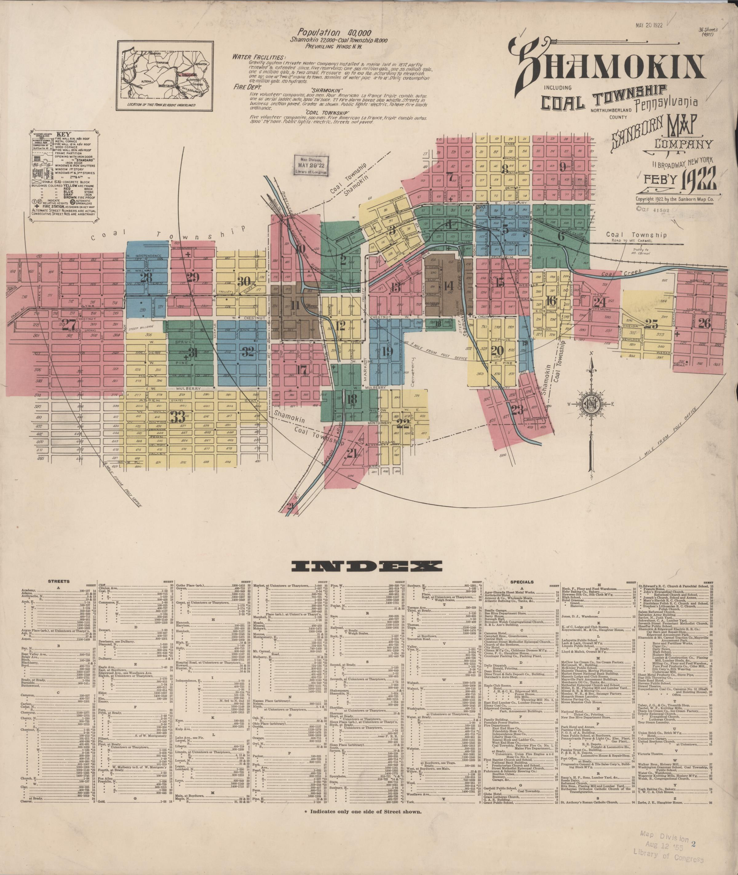 February 1922 Sanborn fire insurance map of Shamokin, Page 1.