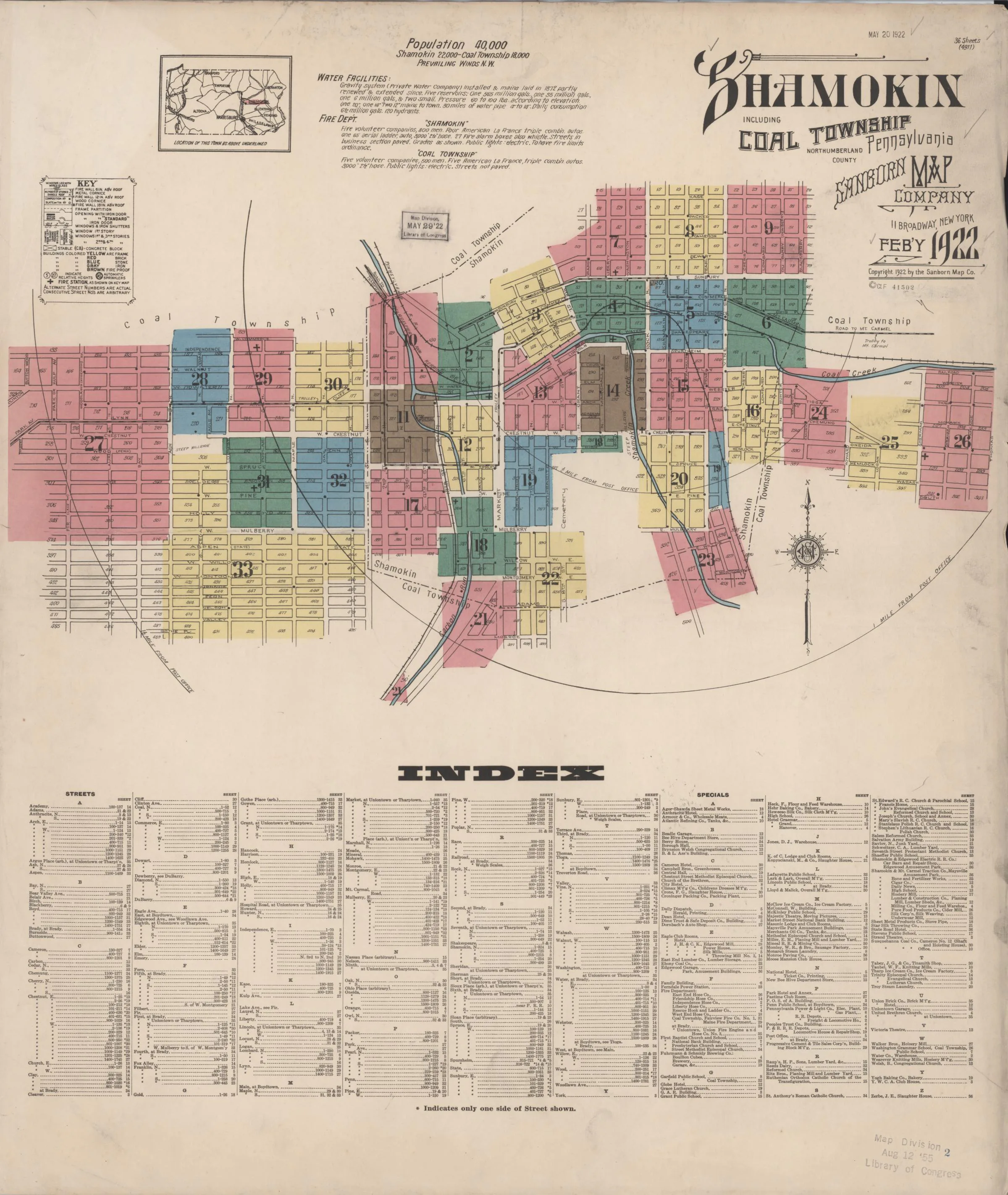 Page 1 of the February 1922 Shamokin Sanborn fire-insurance maps; streets, building footprints, and map symbols.