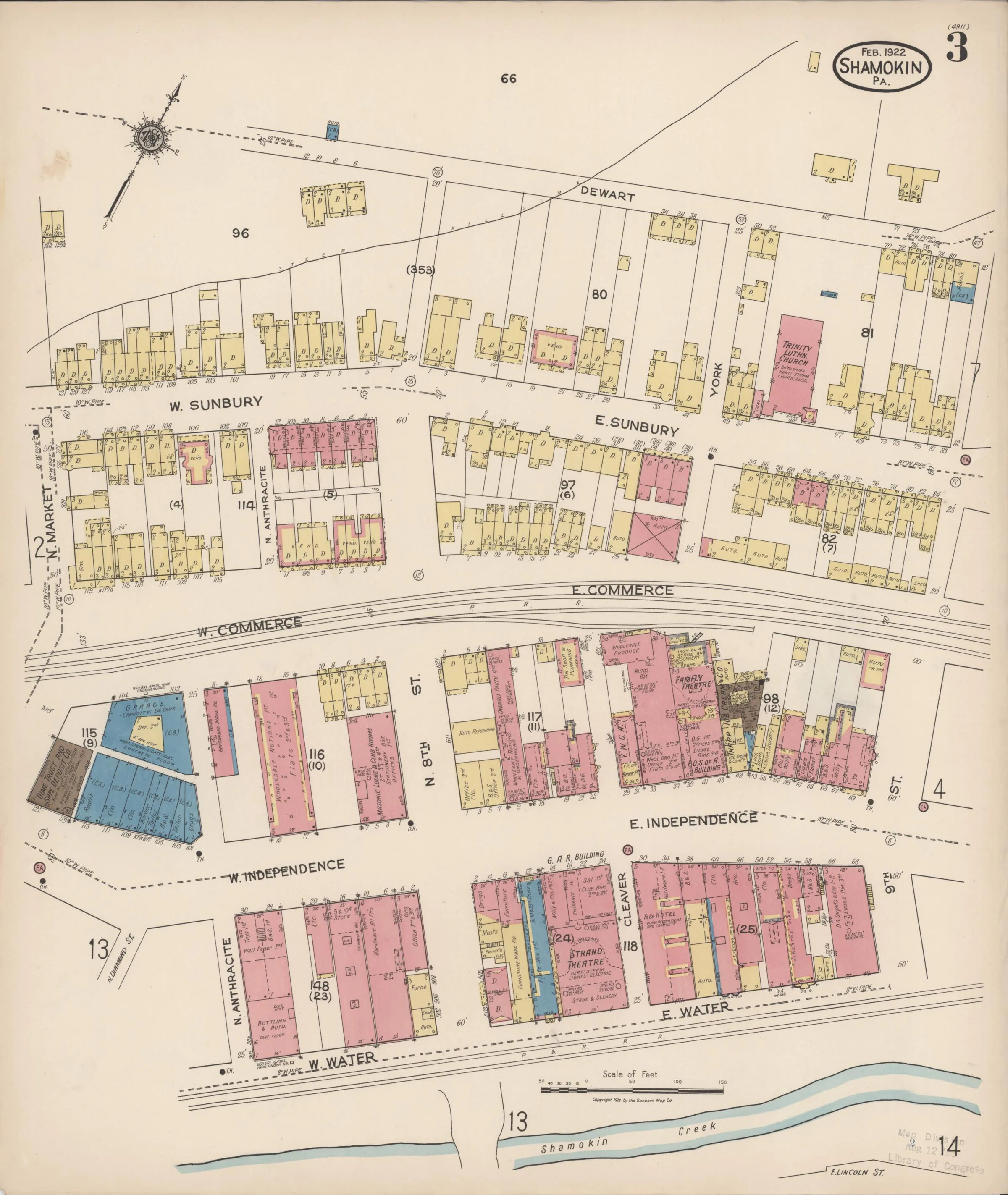 Page 3 of the February 1922 Shamokin Sanborn fire-insurance maps; streets, building footprints, and map symbols.