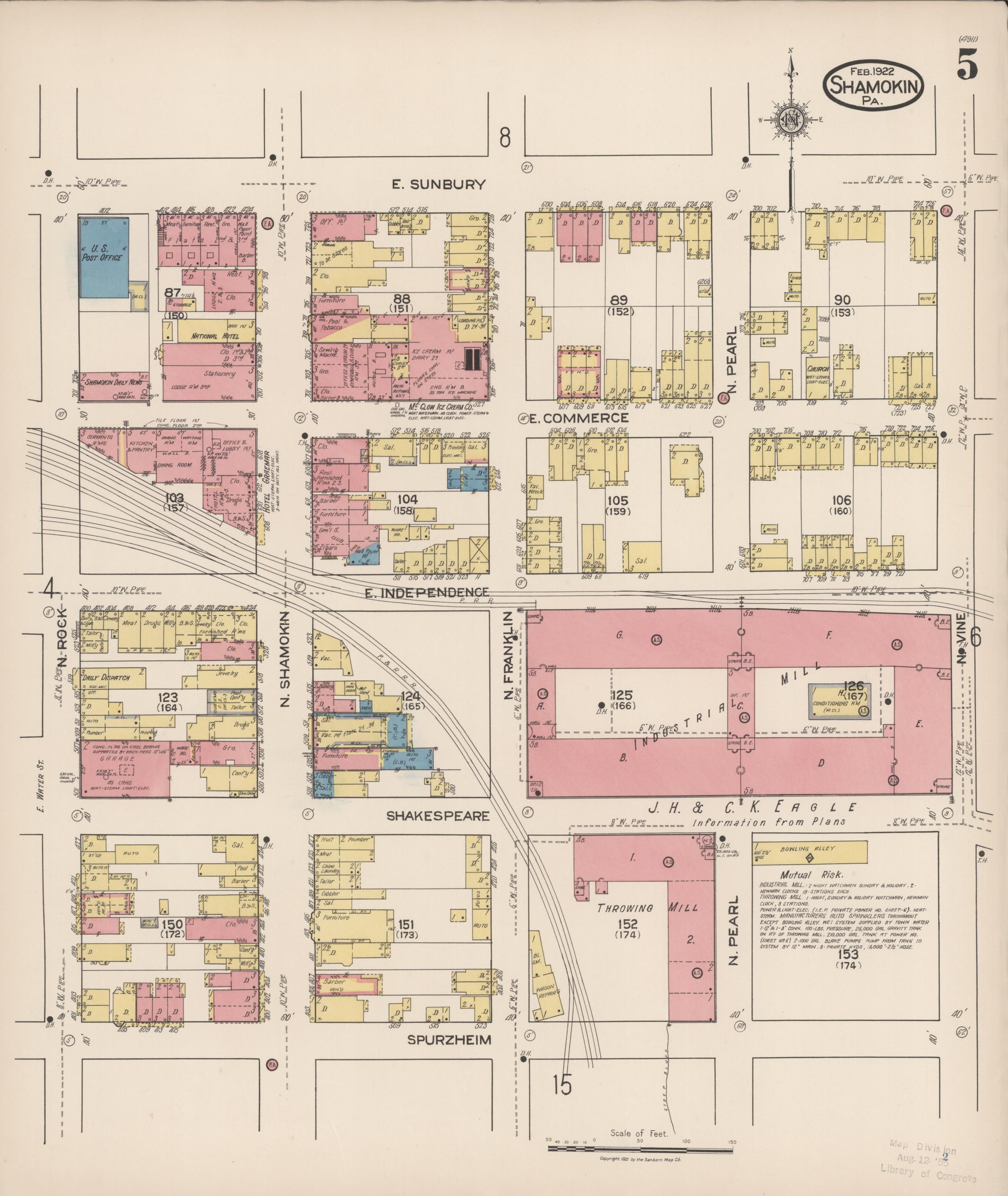 February 1922 Sanborn fire insurance map of Shamokin, Page 5.