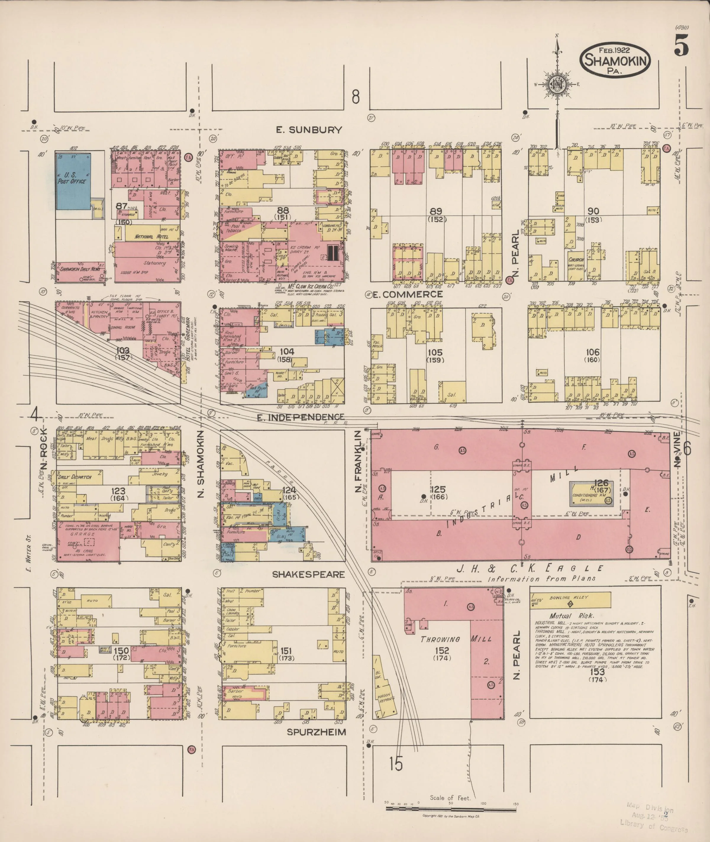 Page 5 of the February 1922 Shamokin Sanborn fire-insurance maps; streets, building footprints, and map symbols.