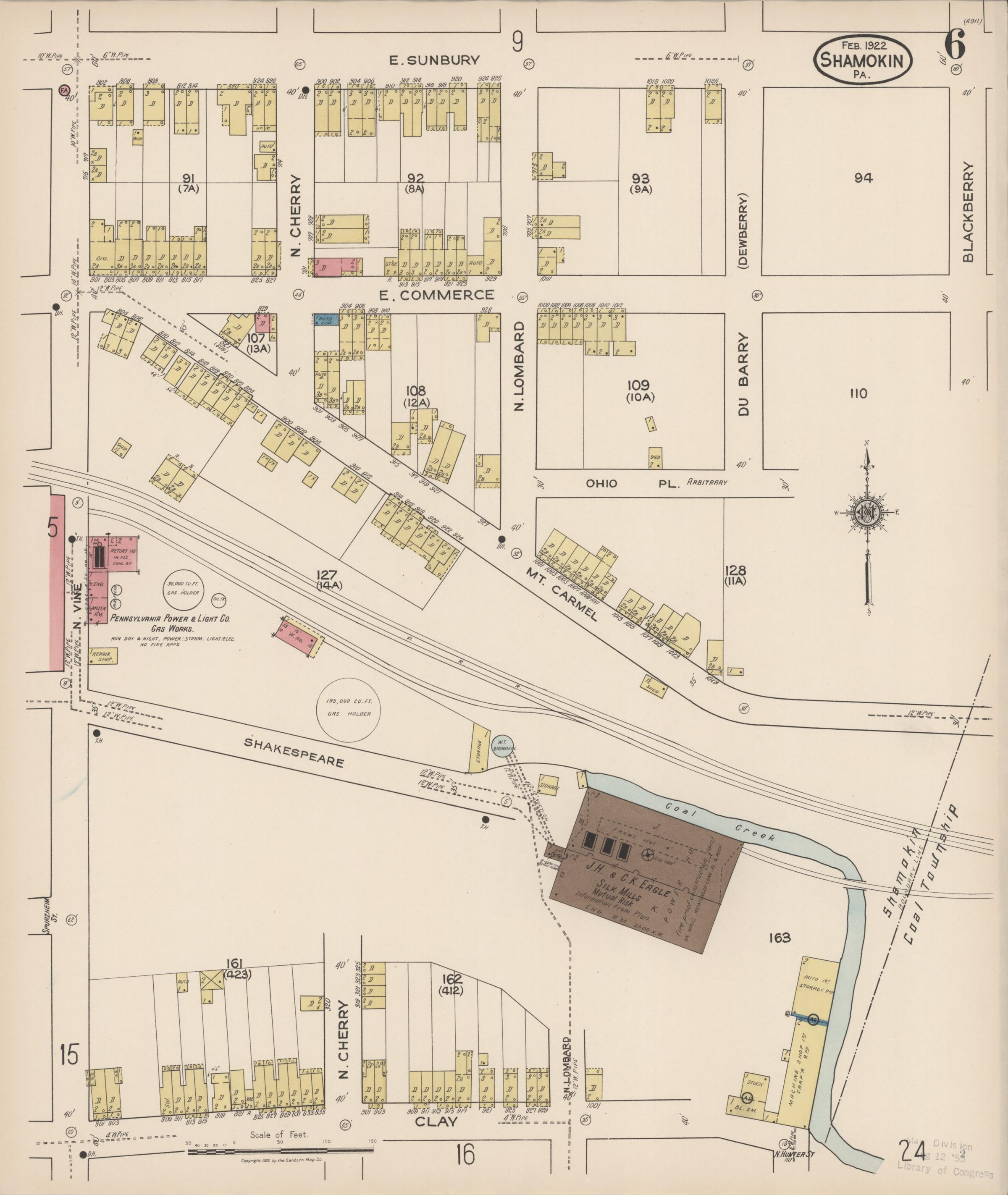 February 1922 Sanborn fire insurance map of Shamokin, Page 6.