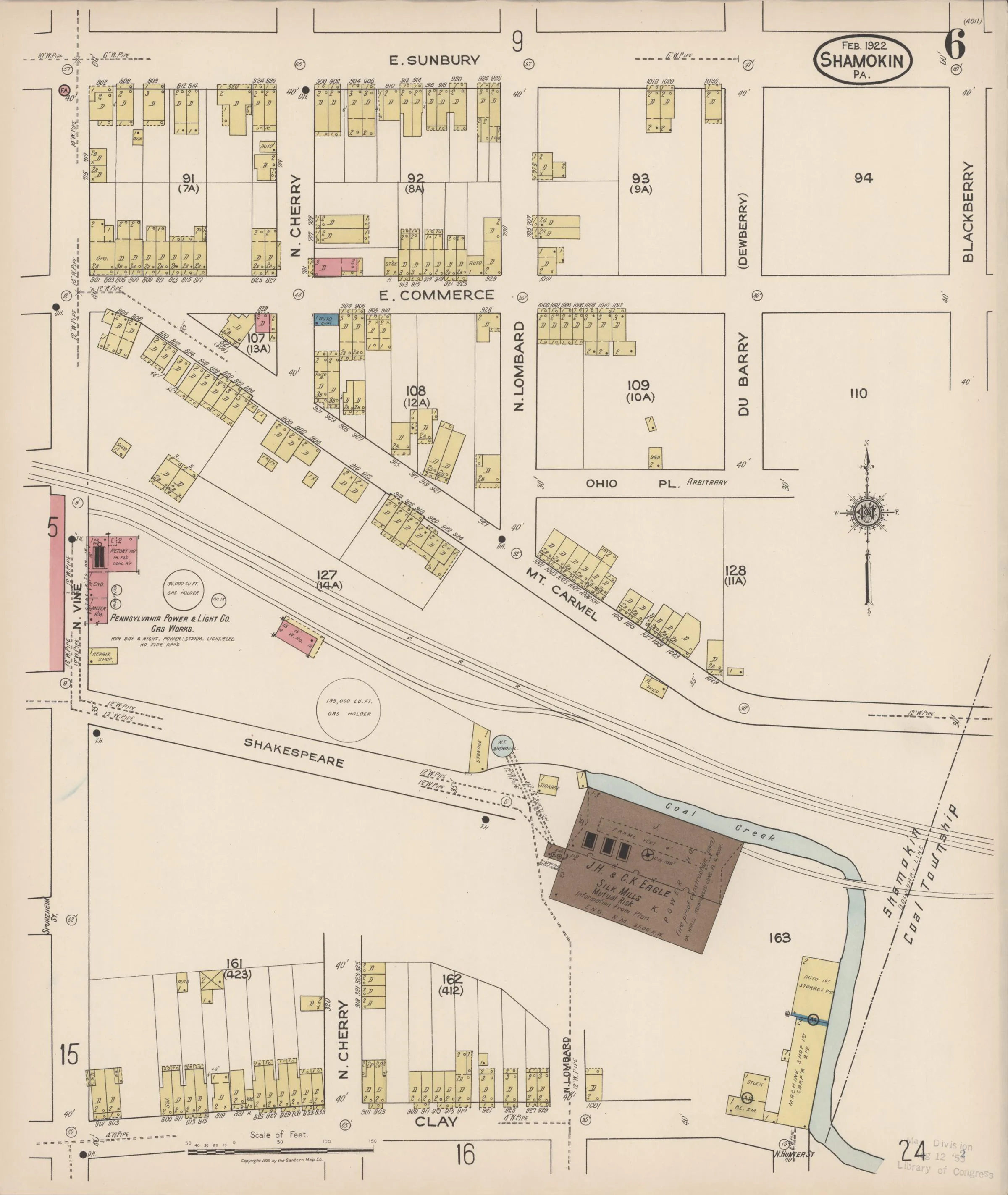 Page 6 of the February 1922 Shamokin Sanborn fire-insurance maps; streets, building footprints, and map symbols.