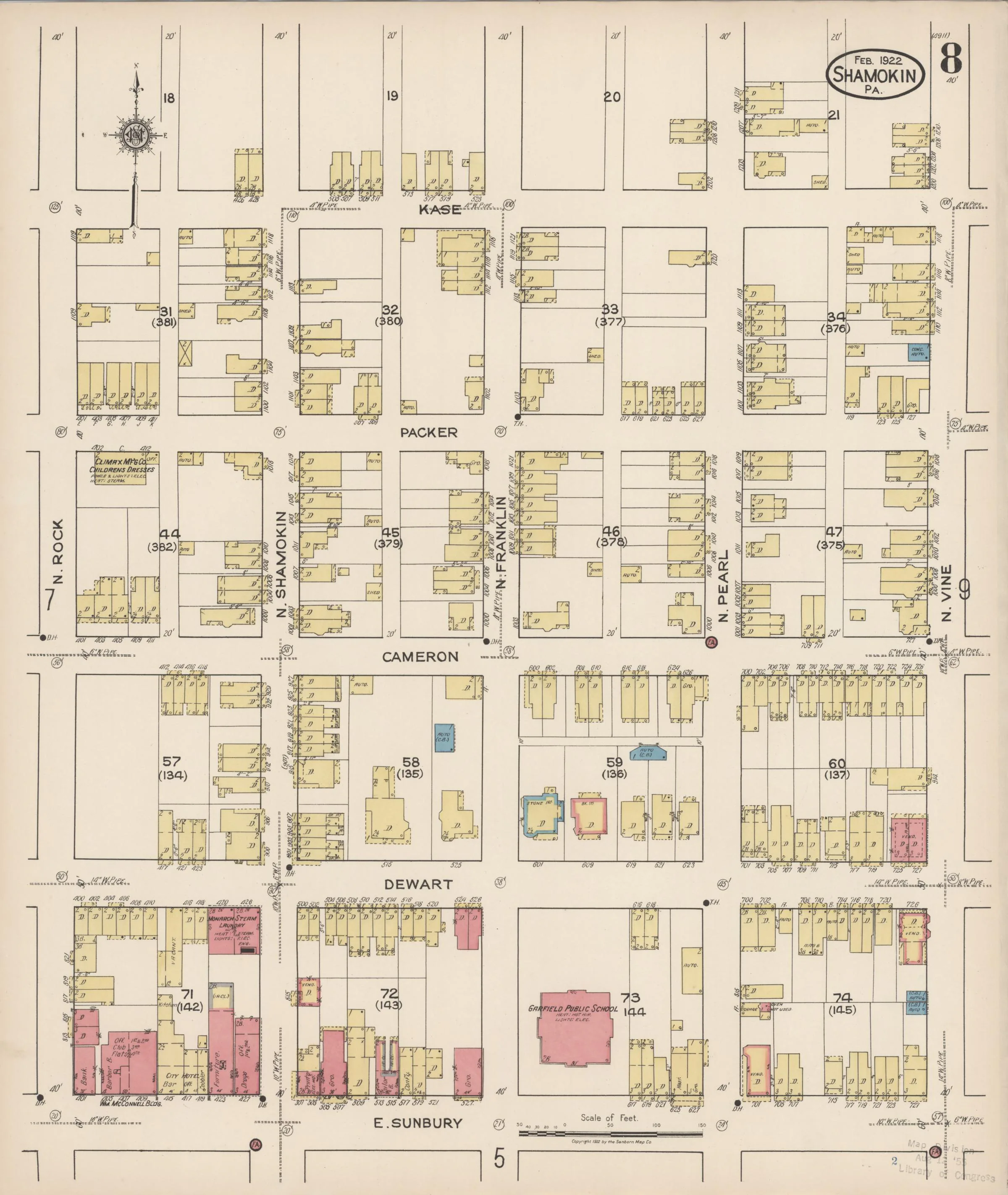 Page 8 of the February 1922 Shamokin Sanborn fire-insurance maps; streets, building footprints, and map symbols.
