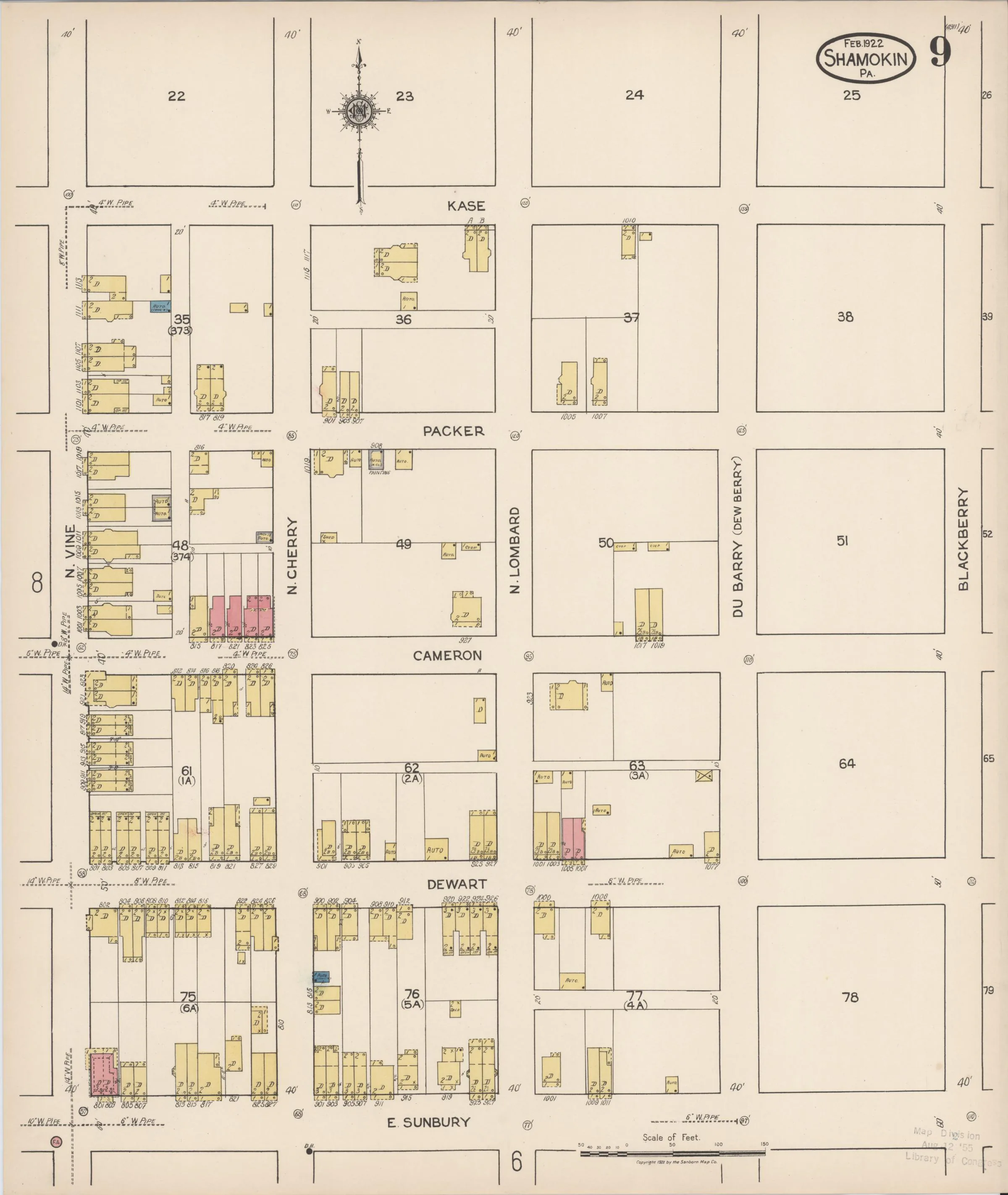 Page 9 of the February 1922 Shamokin Sanborn fire-insurance maps; streets, building footprints, and map symbols.