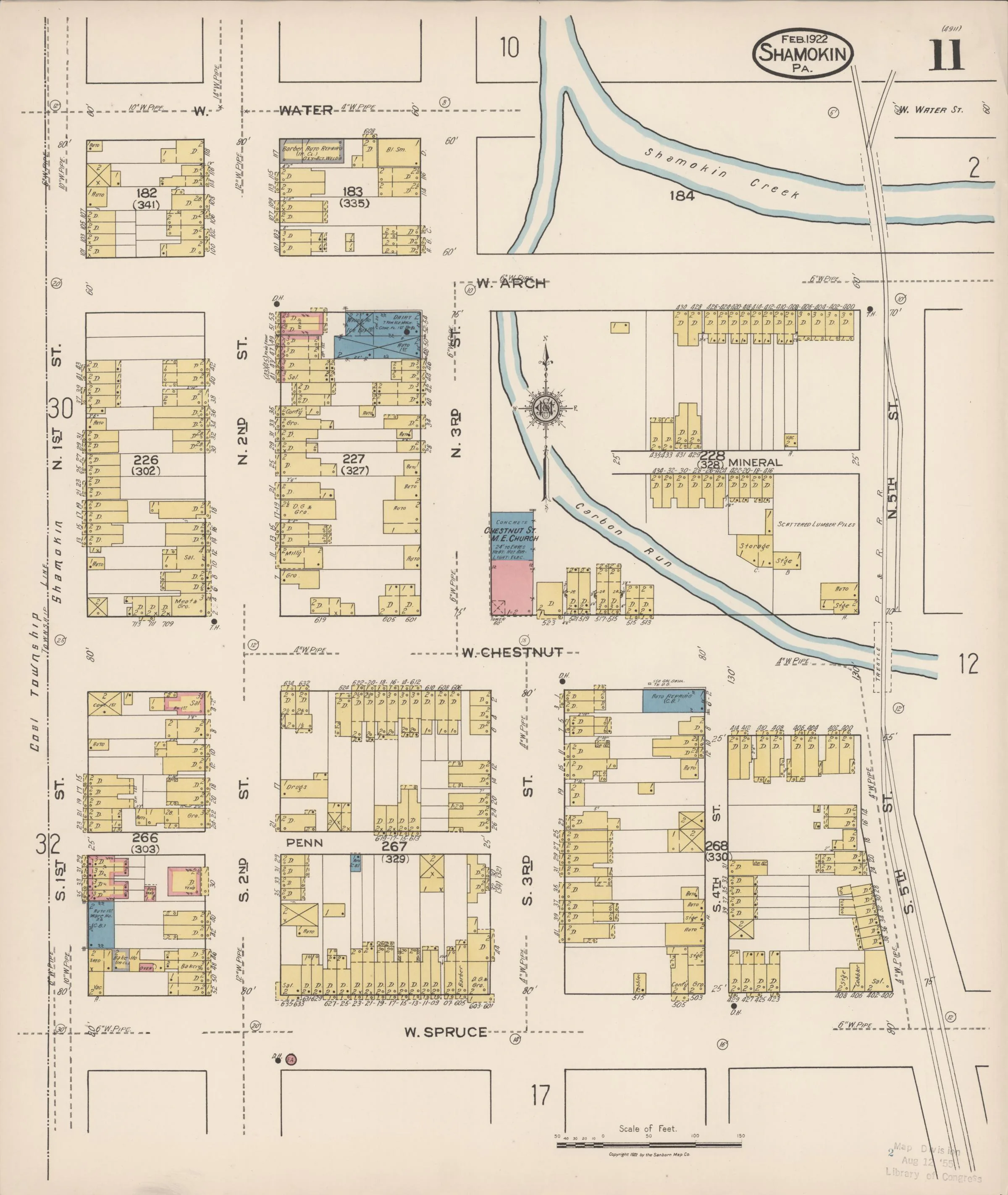 Page 11 of the February 1922 Shamokin Sanborn fire-insurance maps; streets, building footprints, and map symbols.