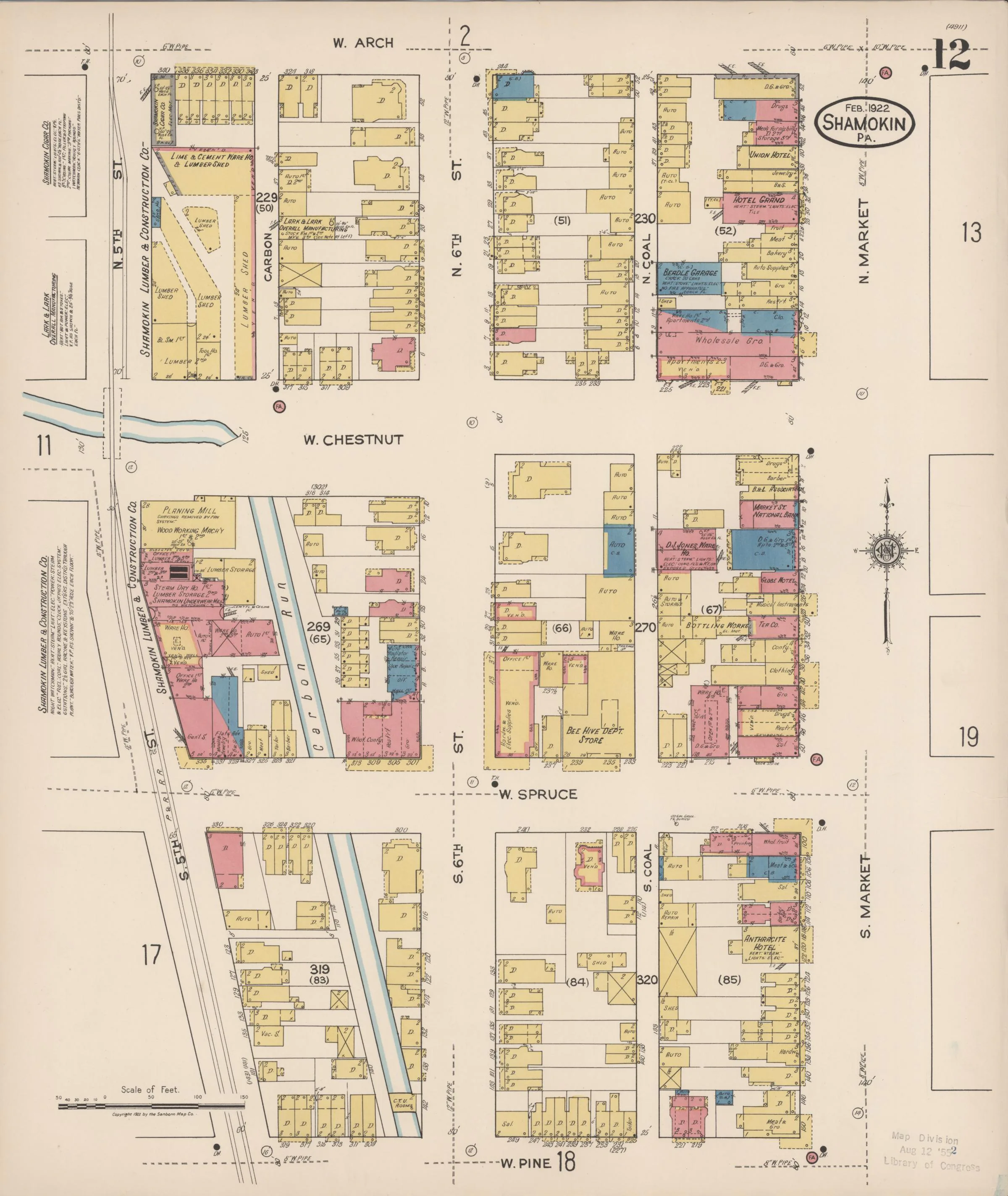 Page 12 of the February 1922 Shamokin Sanborn fire-insurance maps; streets, building footprints, and map symbols.