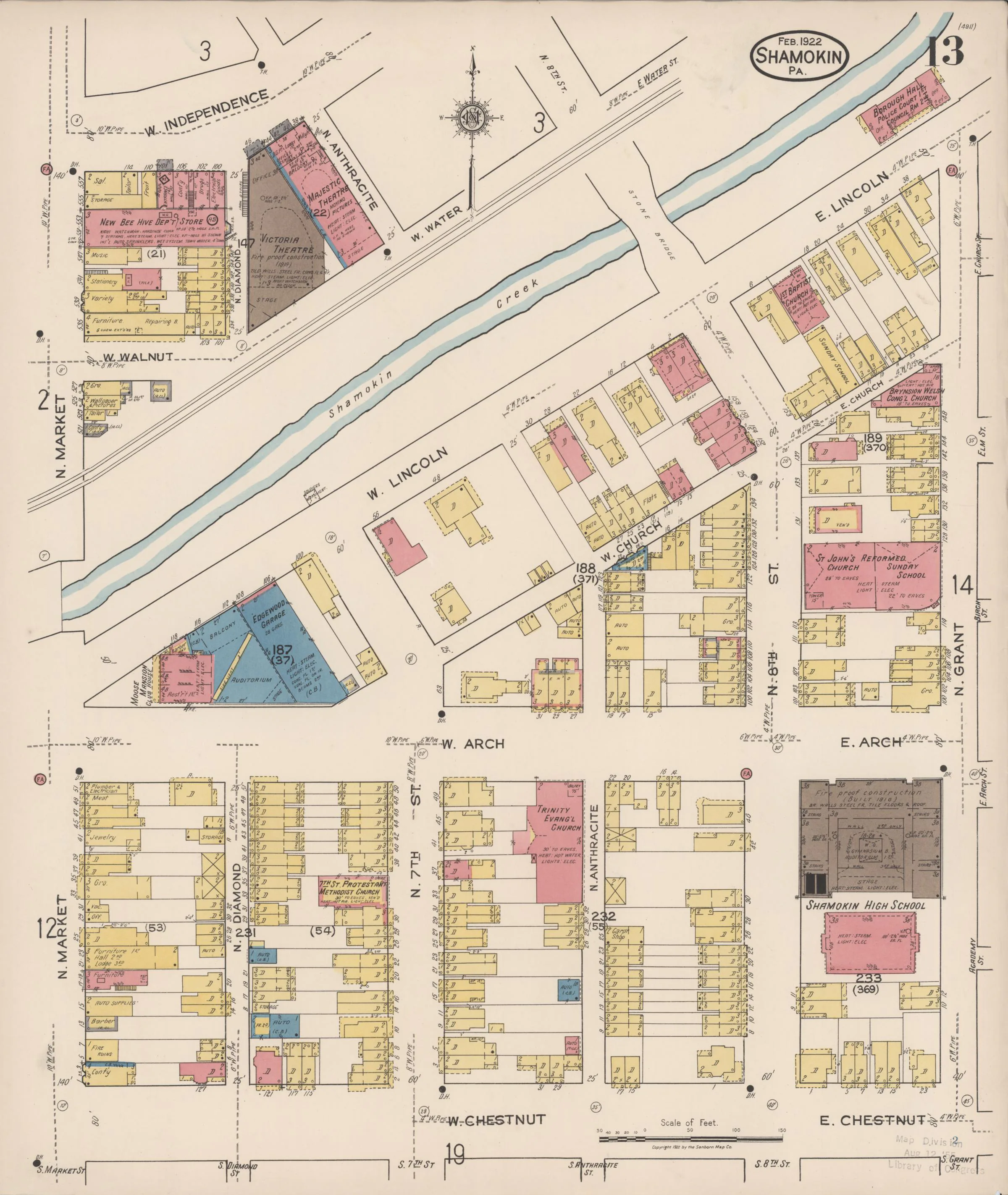 Page 13 of the February 1922 Shamokin Sanborn fire-insurance maps; streets, building footprints, and map symbols.