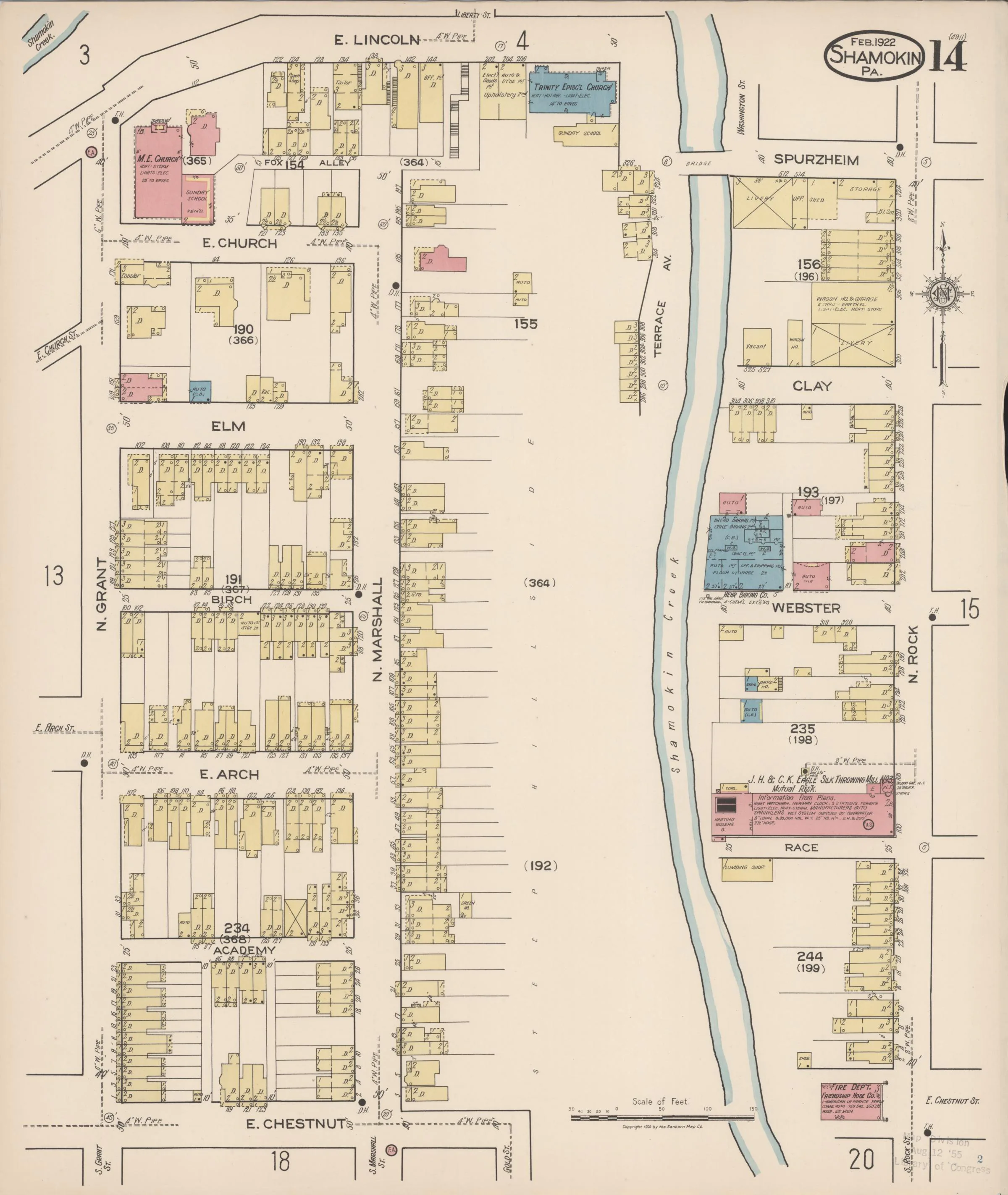 Page 14 of the February 1922 Shamokin Sanborn fire-insurance maps; streets, building footprints, and map symbols.