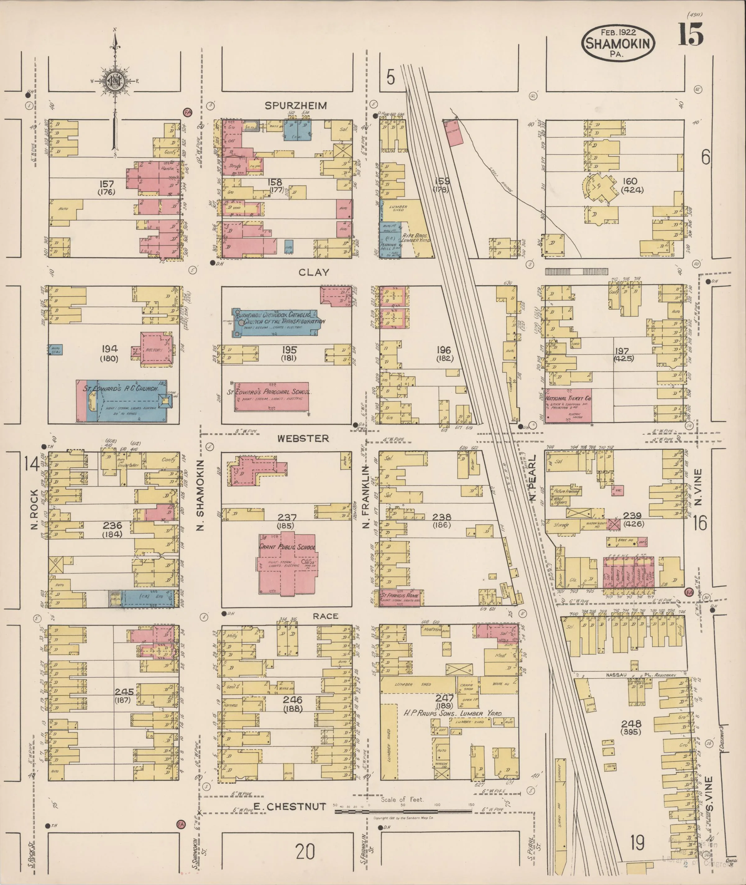 Page 15 of the February 1922 Shamokin Sanborn fire-insurance maps; streets, building footprints, and map symbols.