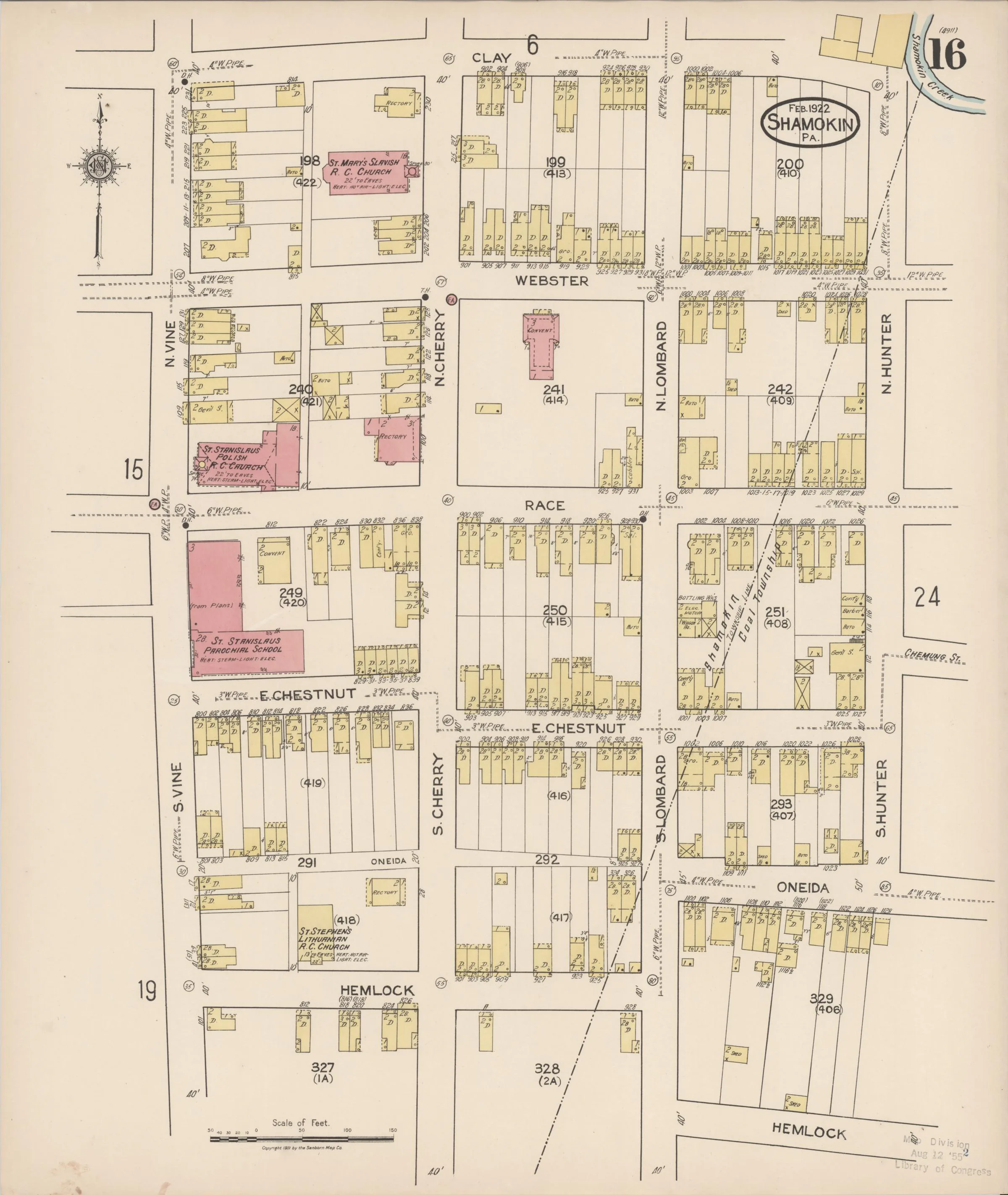 Page 16 of the February 1922 Shamokin Sanborn fire-insurance maps; streets, building footprints, and map symbols.