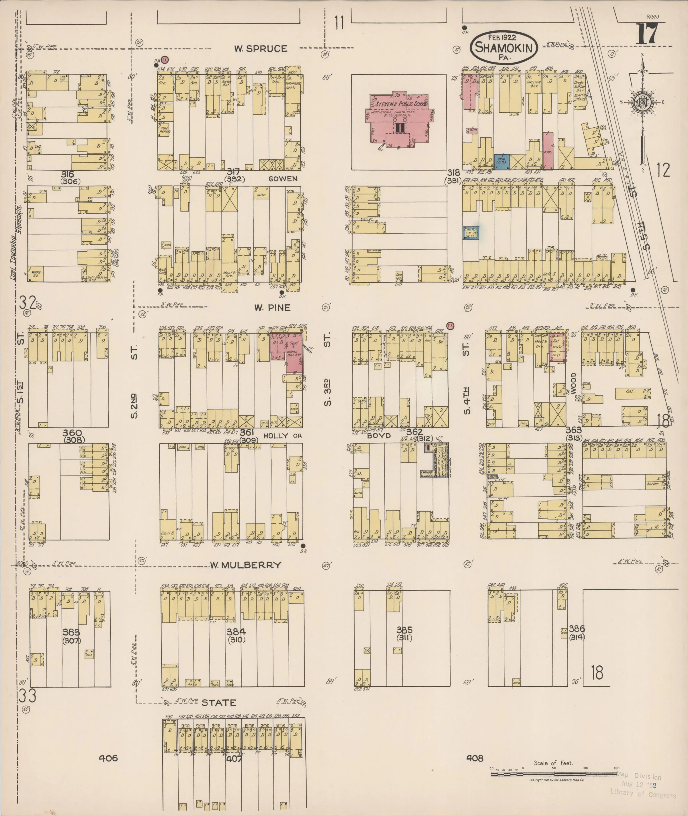Page 17 of the February 1922 Shamokin Sanborn fire-insurance maps; streets, building footprints, and map symbols.