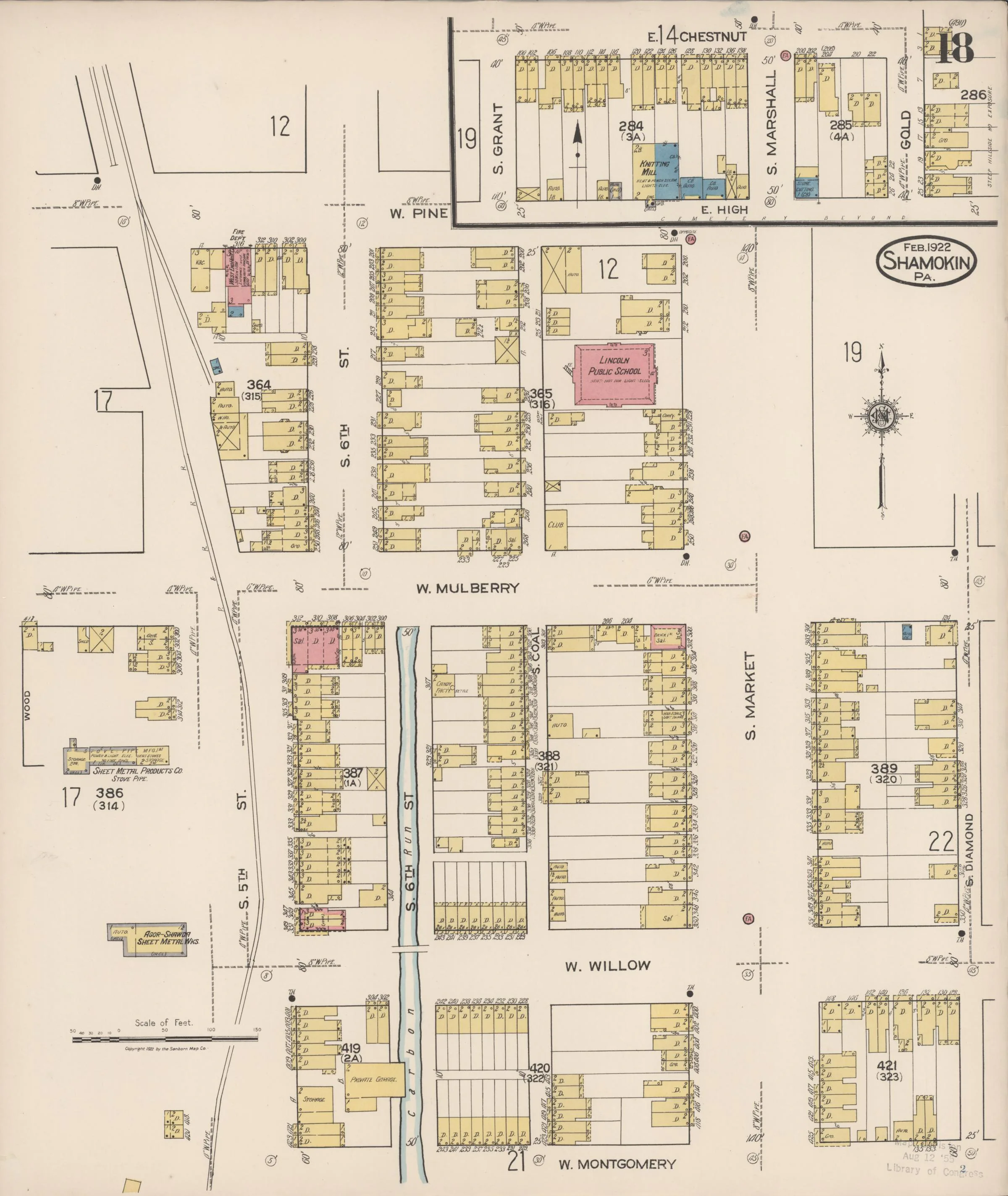 Page 18 of the February 1922 Shamokin Sanborn fire-insurance maps; streets, building footprints, and map symbols.