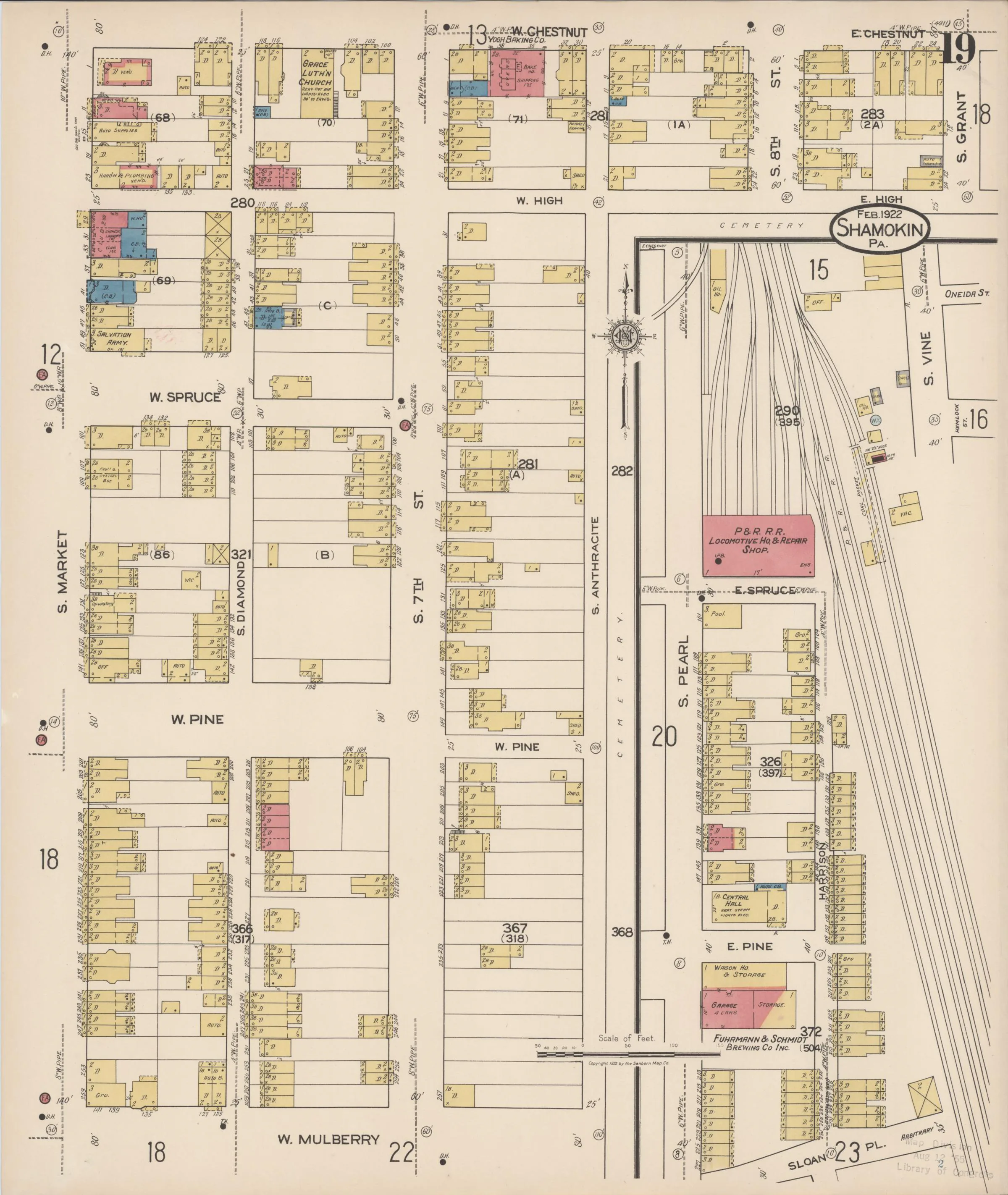Page 19 of the February 1922 Shamokin Sanborn fire-insurance maps; streets, building footprints, and map symbols.