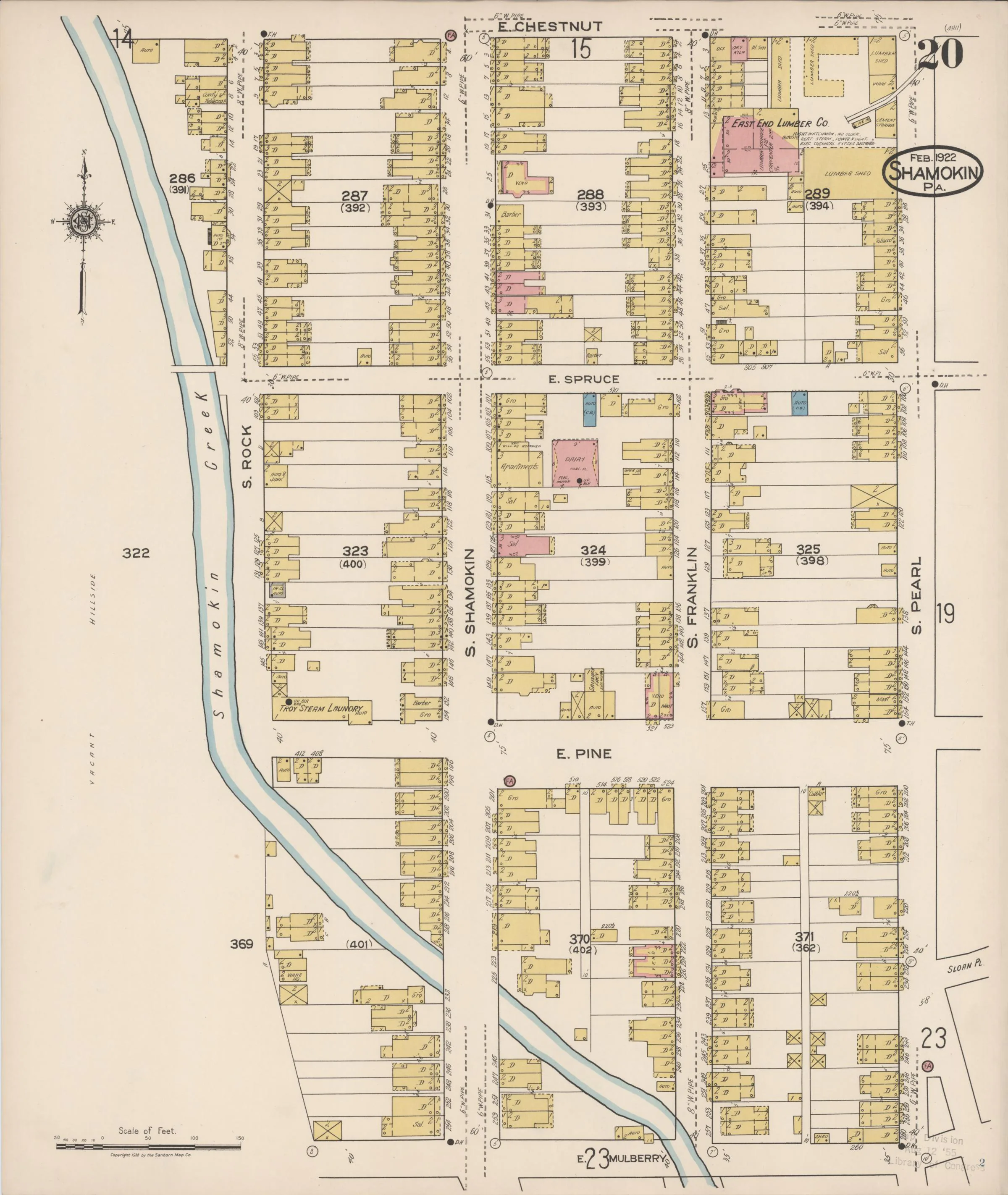 Page 20 of the February 1922 Shamokin Sanborn fire-insurance maps; streets, building footprints, and map symbols.
