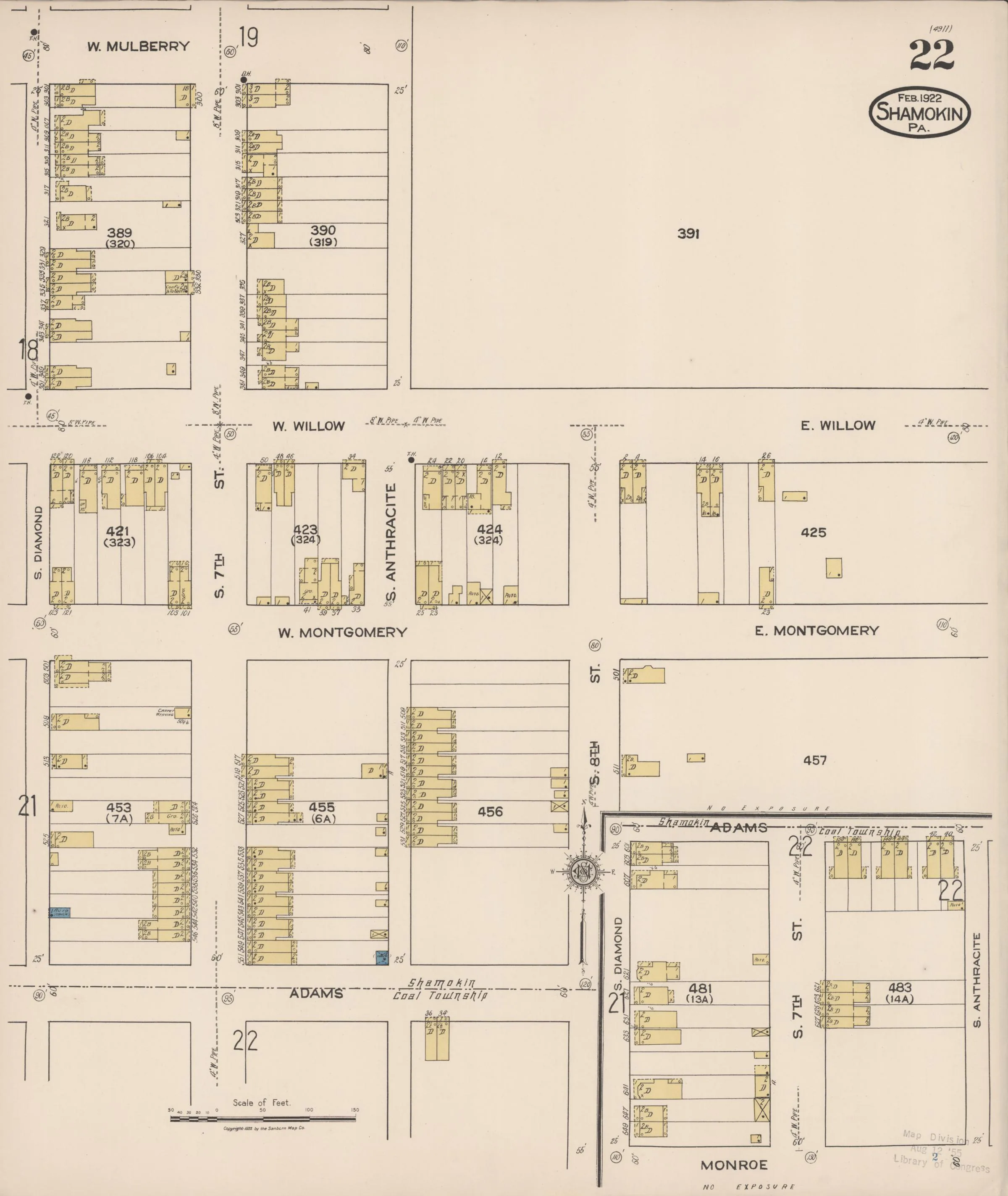 Page 22 of the February 1922 Shamokin Sanborn fire-insurance maps; streets, building footprints, and map symbols.