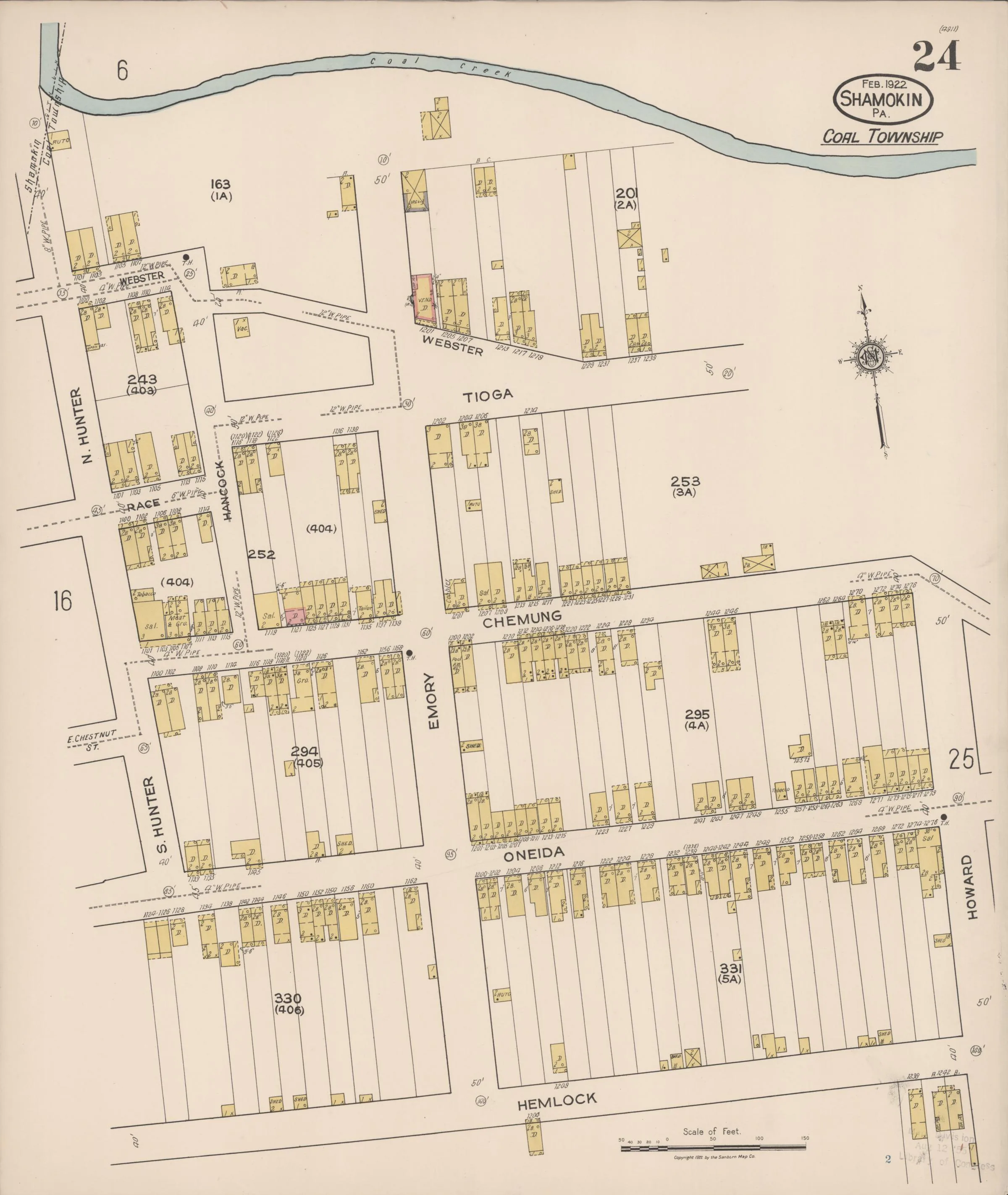 Page 24 of the February 1922 Shamokin Sanborn fire-insurance maps; streets, building footprints, and map symbols.