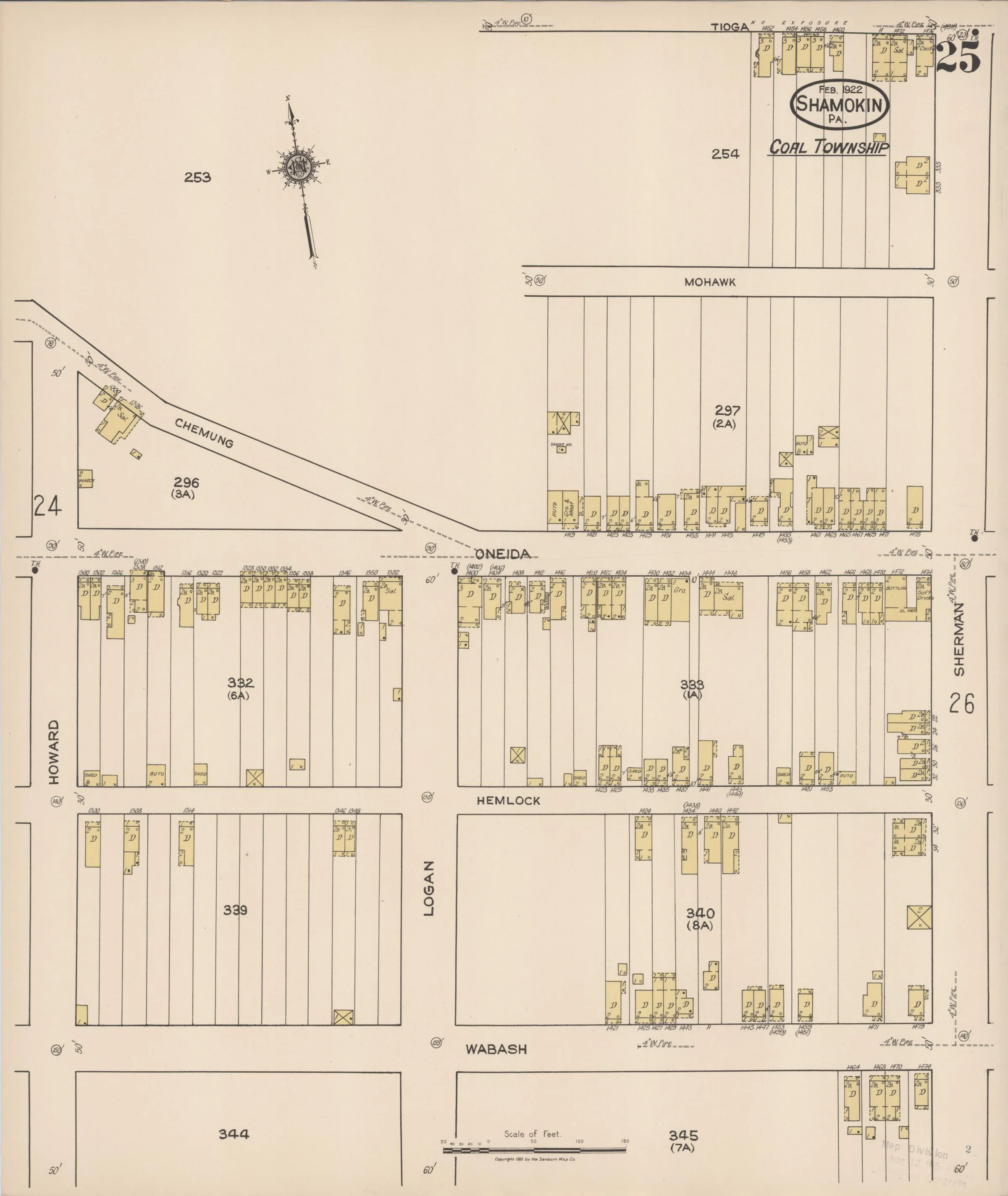 Page 25 of the February 1922 Shamokin Sanborn fire-insurance maps; streets, building footprints, and map symbols.