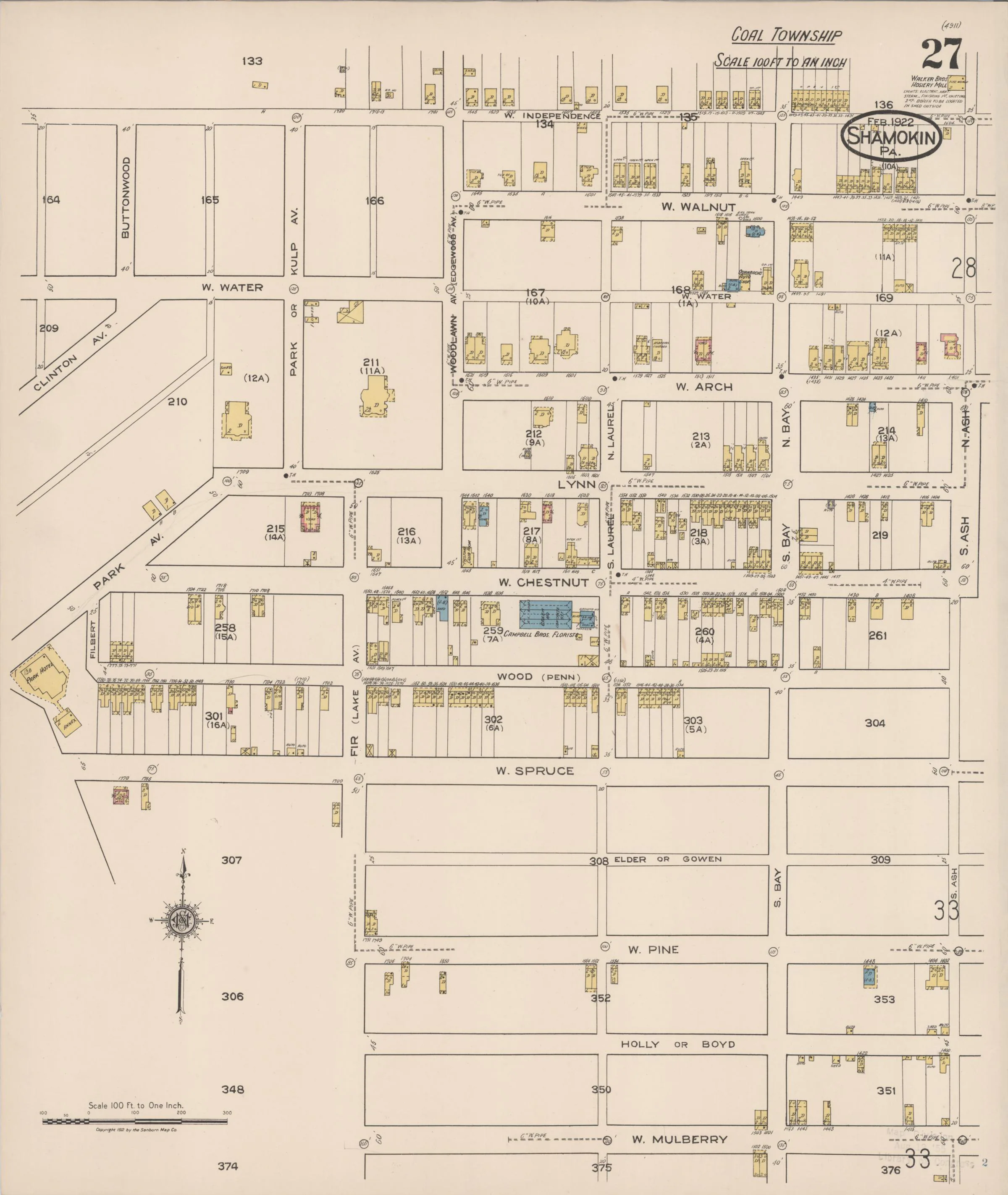 Page 27 of the February 1922 Shamokin Sanborn fire-insurance maps; streets, building footprints, and map symbols.