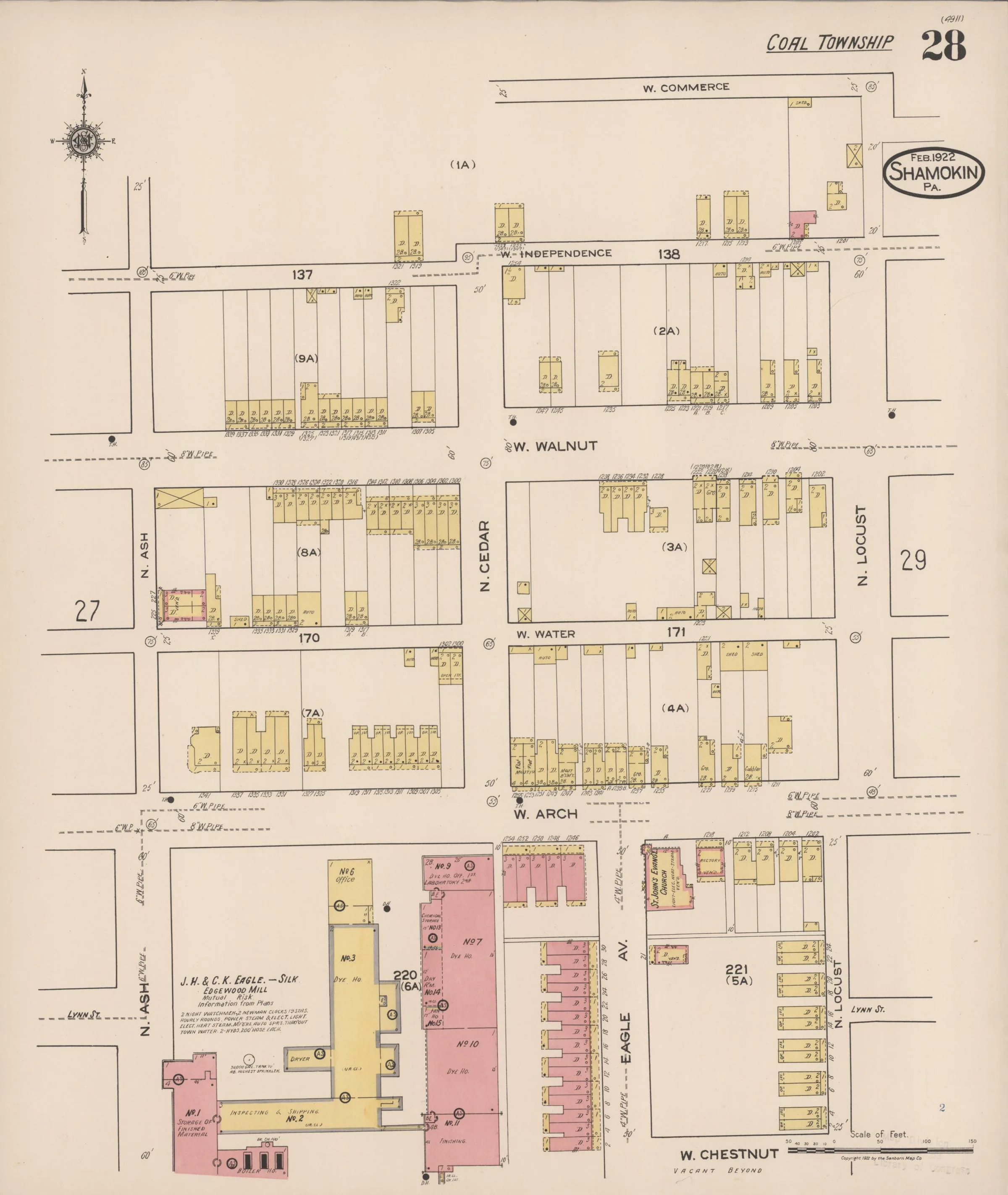 Page 28 of the February 1922 Shamokin Sanborn fire-insurance maps; streets, building footprints, and map symbols.