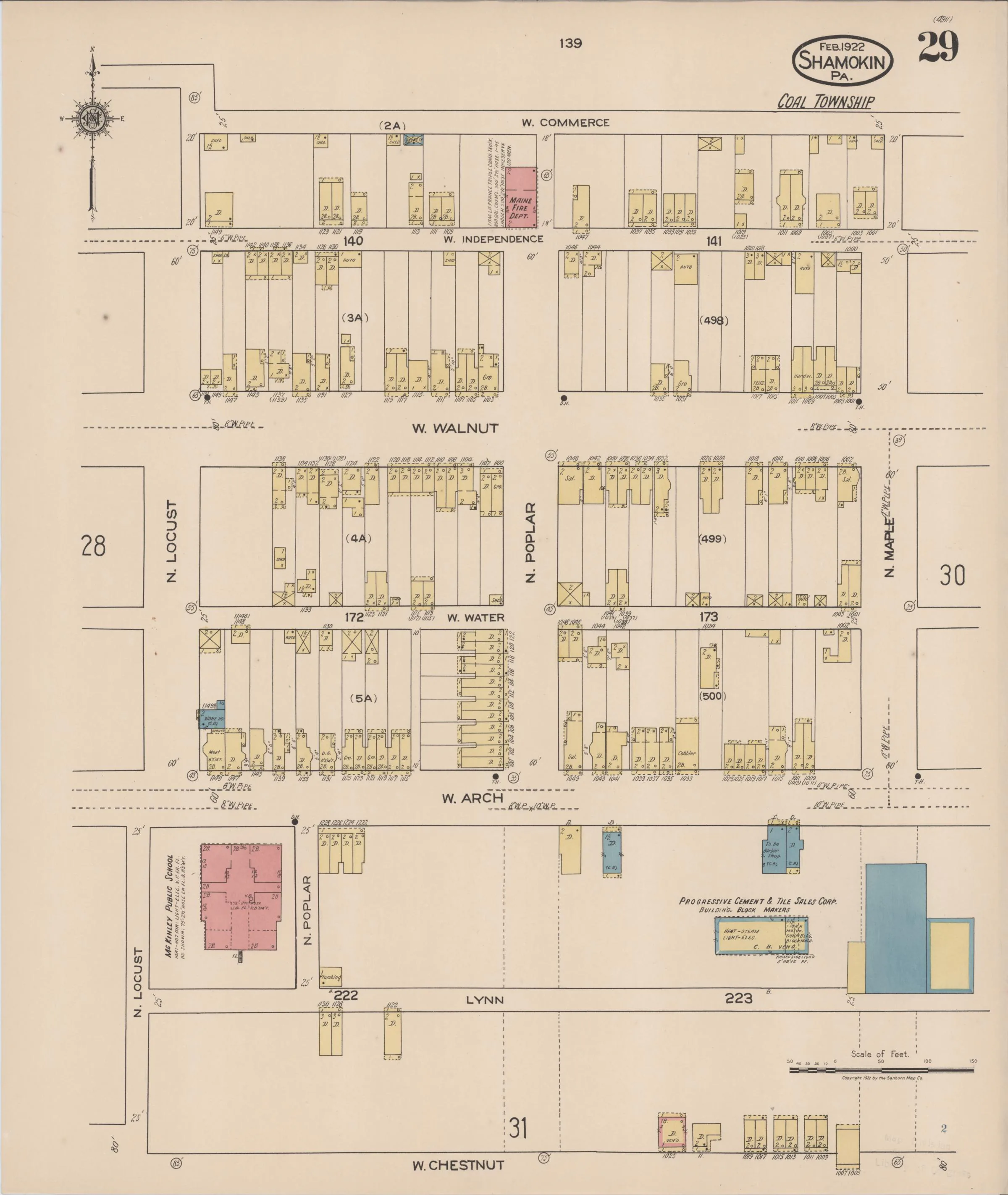 Page 29 of the February 1922 Shamokin Sanborn fire-insurance maps; streets, building footprints, and map symbols.