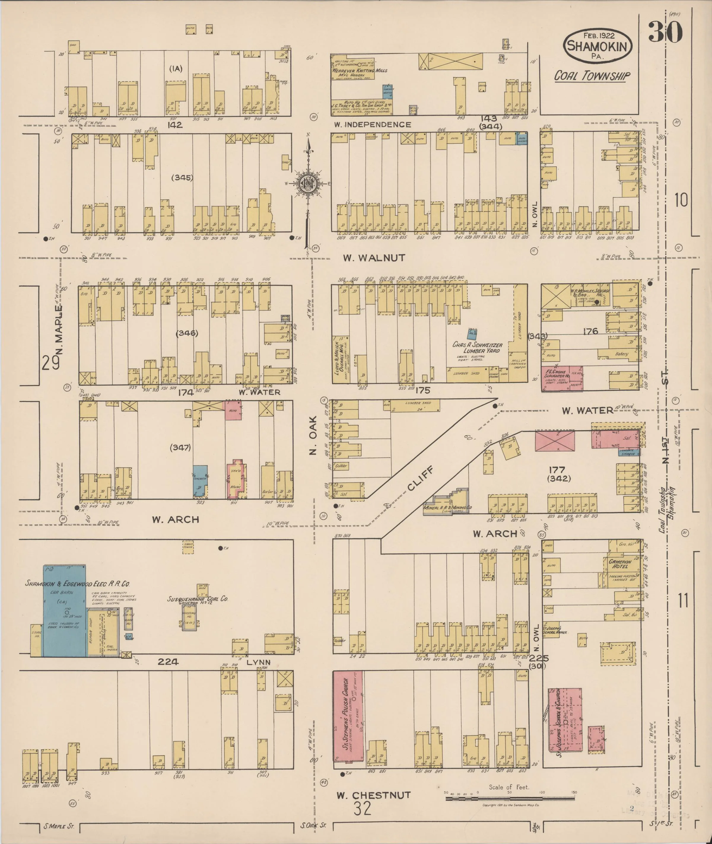 Page 30 of the February 1922 Shamokin Sanborn fire-insurance maps; streets, building footprints, and map symbols.