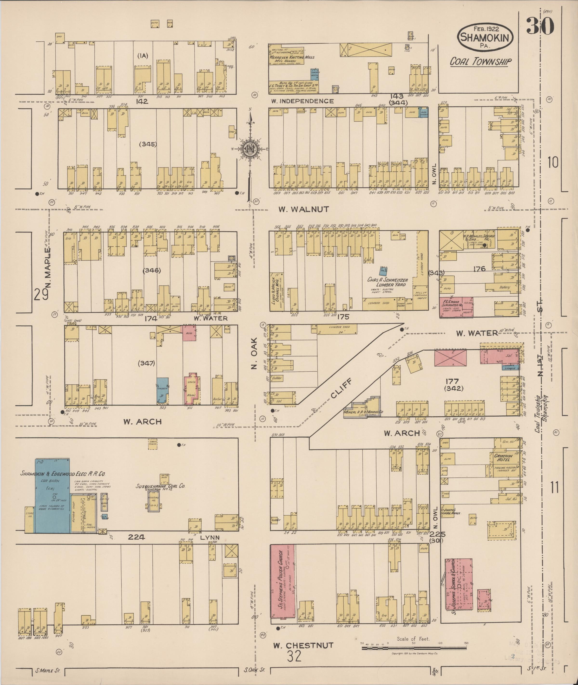 February 1922 Sanborn fire insurance map of Shamokin, Page 30.