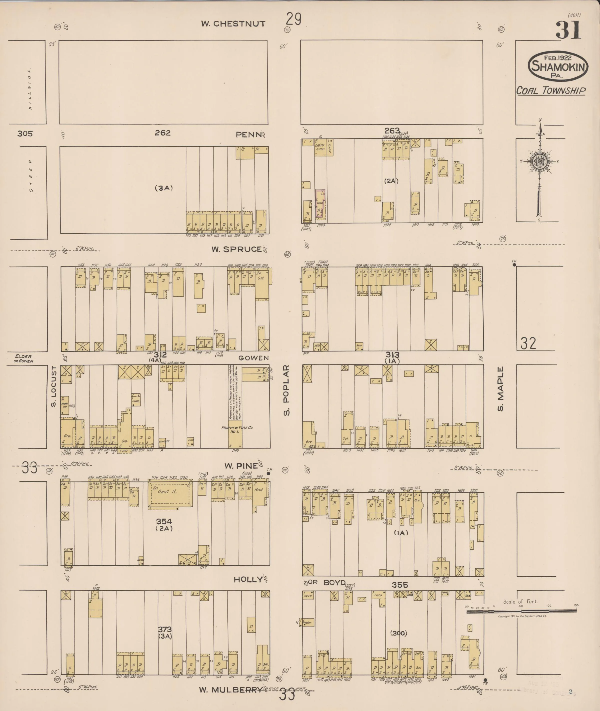 Page 31 of the February 1922 Shamokin Sanborn fire-insurance maps; streets, building footprints, and map symbols.