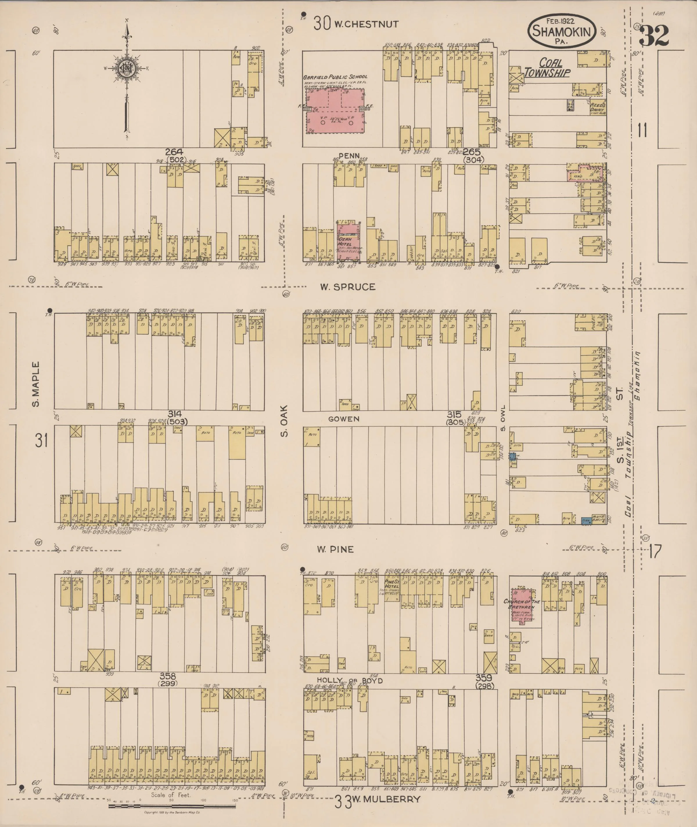 Page 32 of the February 1922 Shamokin Sanborn fire-insurance maps; streets, building footprints, and map symbols.