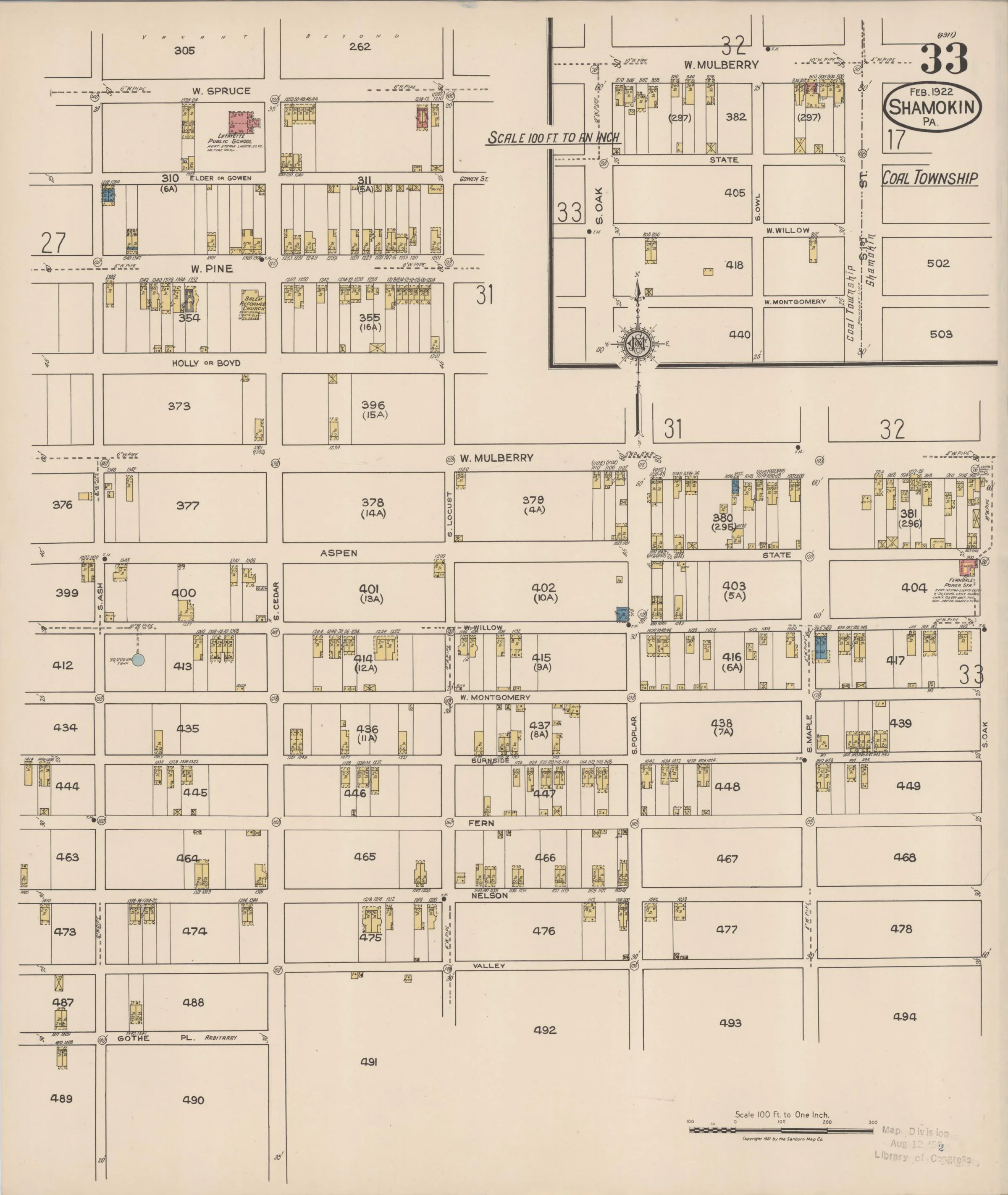 Page 33 of the February 1922 Shamokin Sanborn fire-insurance maps; streets, building footprints, and map symbols.